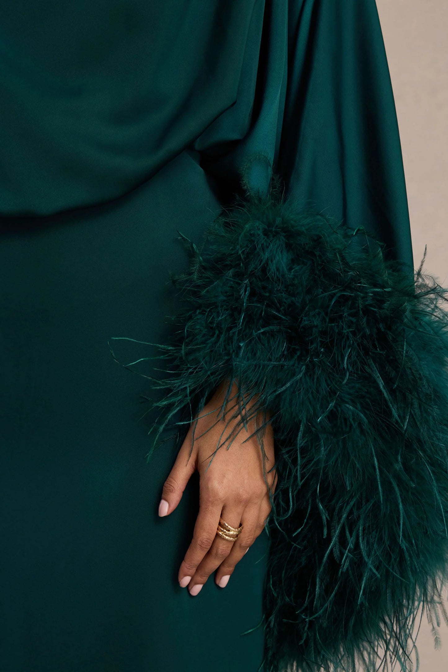 Felicity Teal Satin Asymmetric-Neck Maxi Dress With Feather Detailing