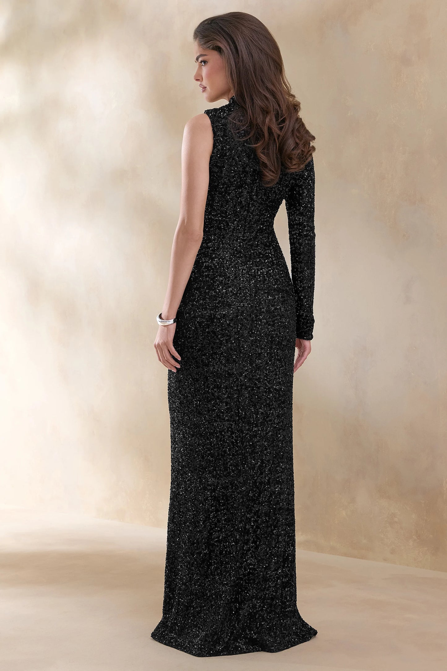 Mery Black Sequin High-Neck Wrap Maxi Dress With One-Long Sleeve