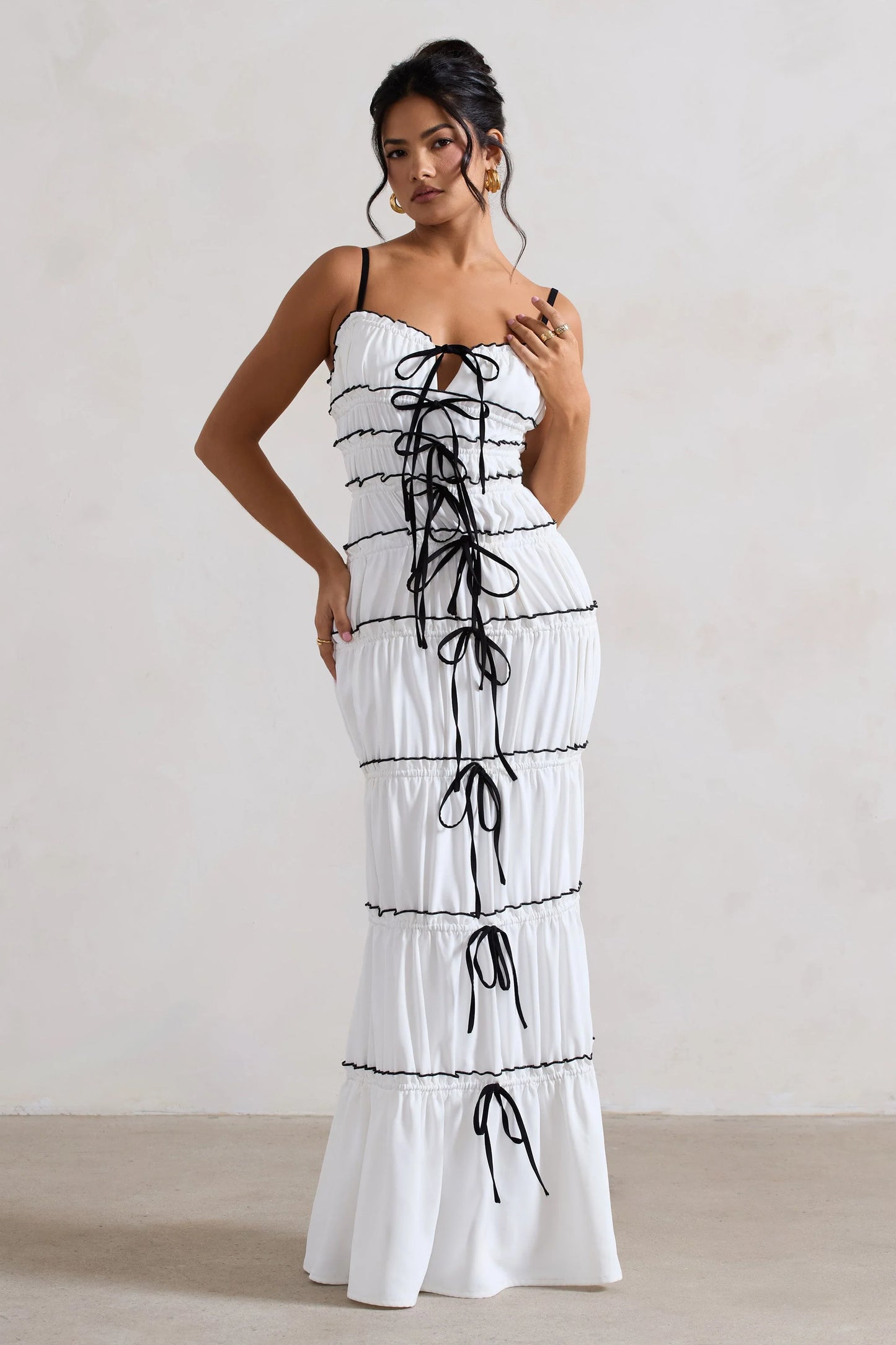 Summer Breeze White Strappy Gathered Tiered Maxi Dress