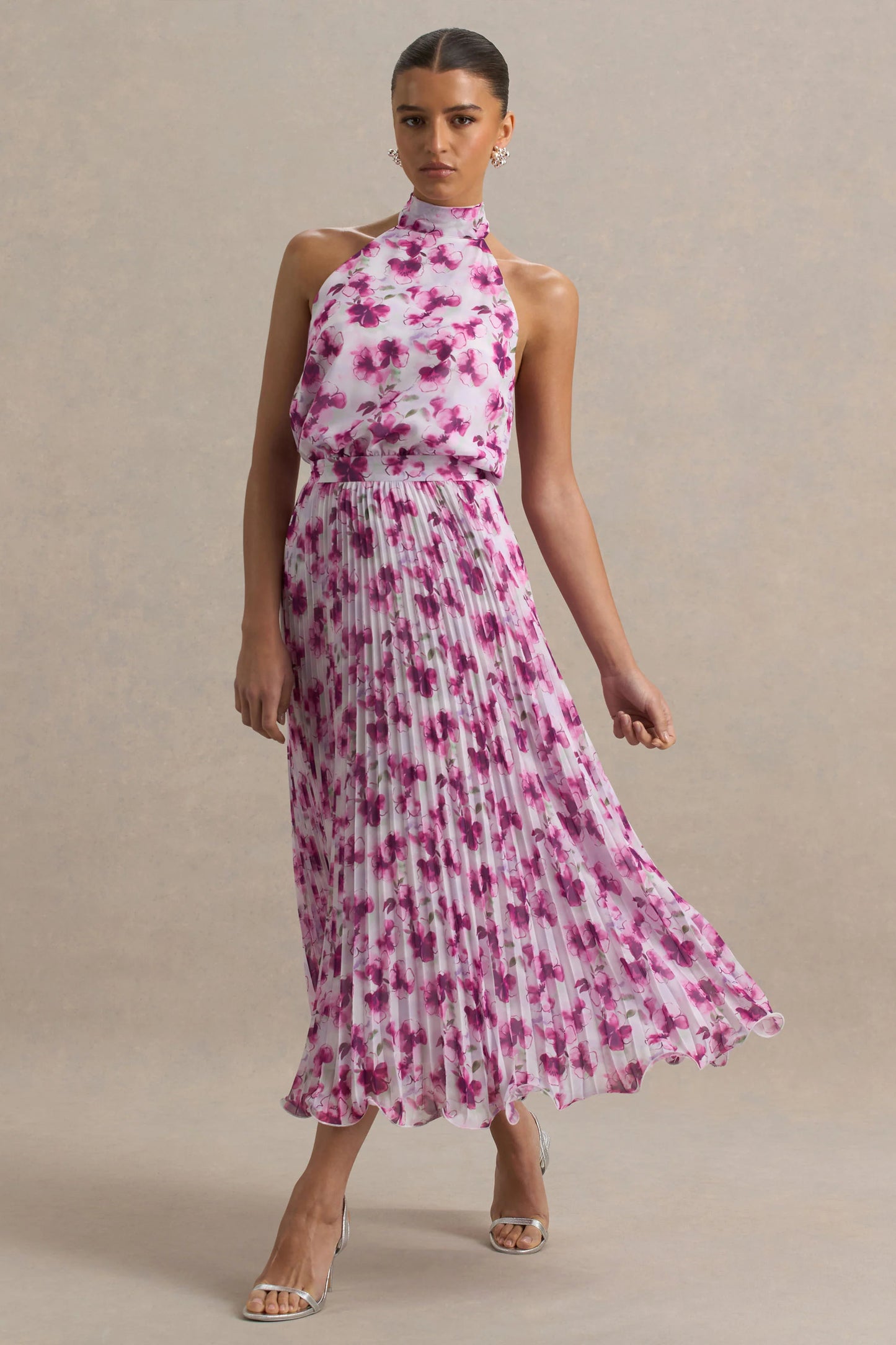 Refractive Purple Floral Print Satin Maxi Dress With Halter-Neck and Pleated Skirt