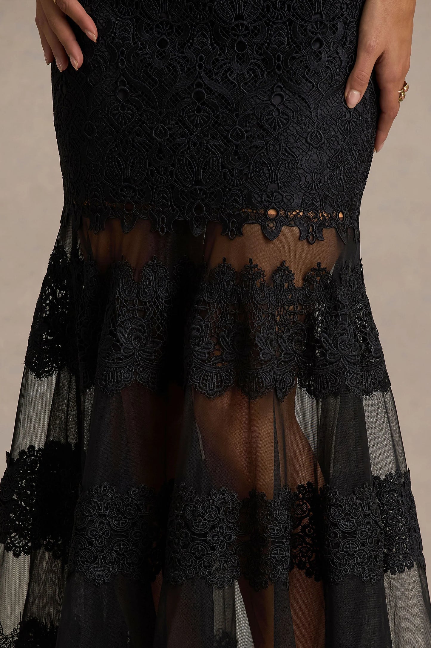 Leanne Black Mesh And Lace Crew-Neck Fishtail Midi Dress