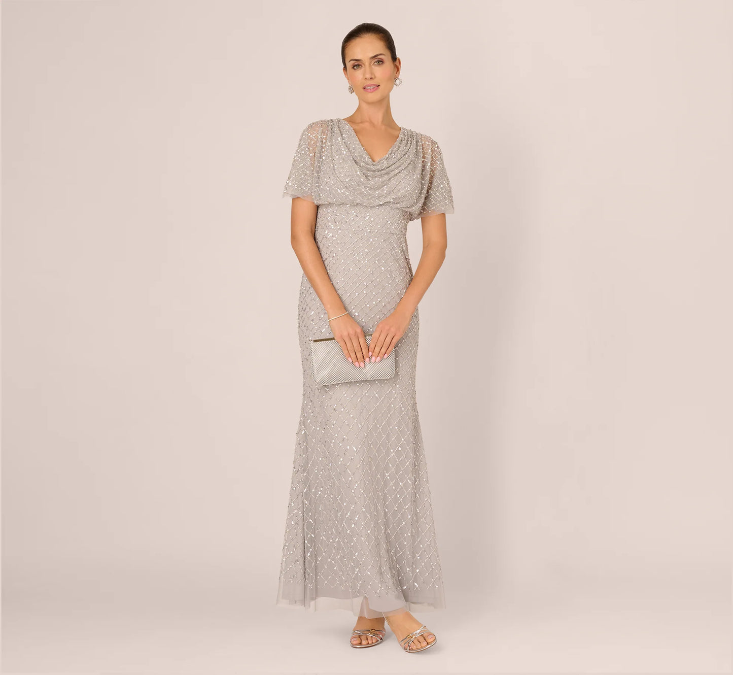 Short Sleeve Diamond Beaded Cowl Gown In Crystal Silver