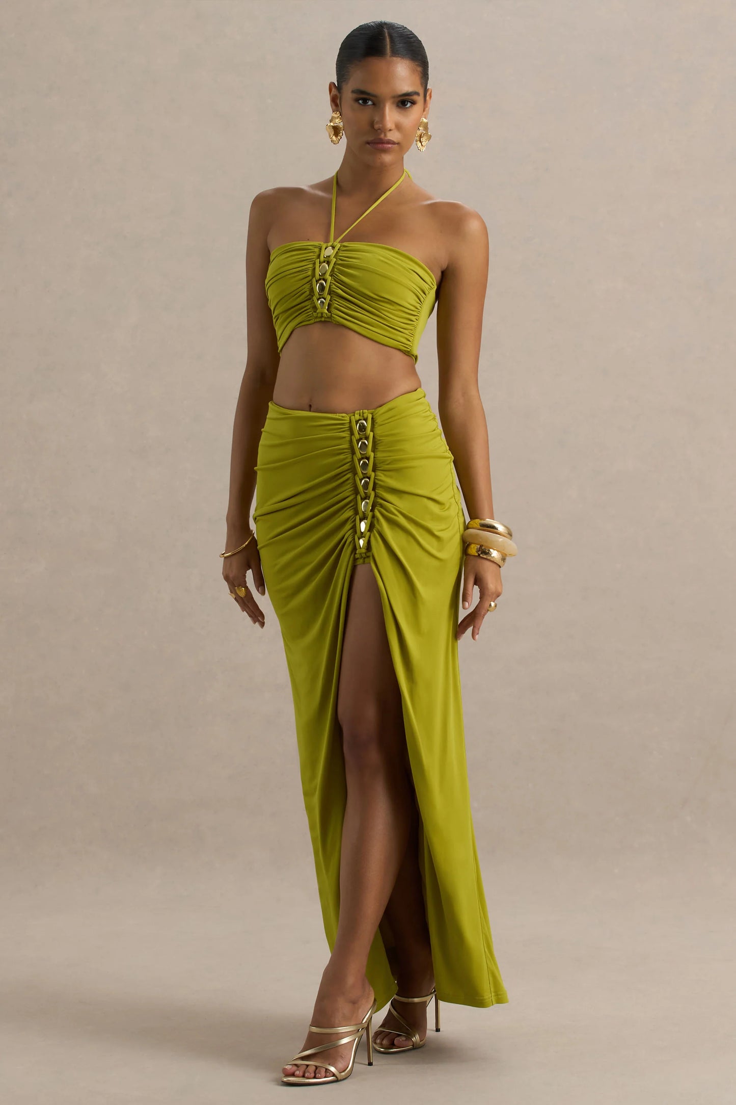 Coastline Green Ruched Maxi Skirt With Split