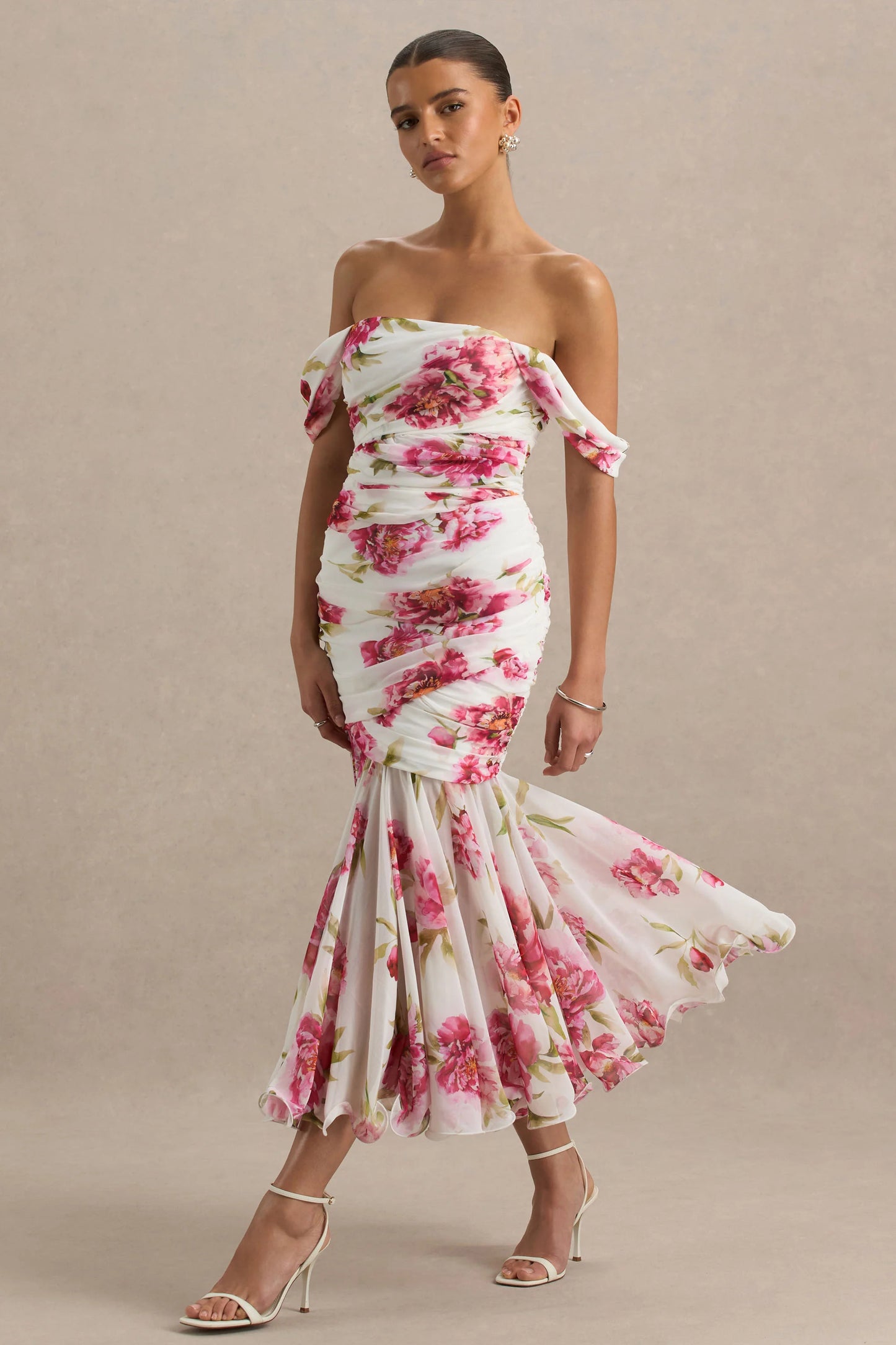 Madelyn Cream Floral Print Short-Sleeve Bardot Wrap Maxi Dress With Ruching