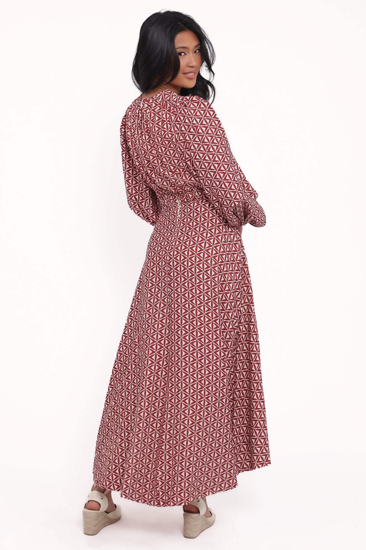 Ginnee Puff Sleeve Cutout Midi Dress - Brown Geo