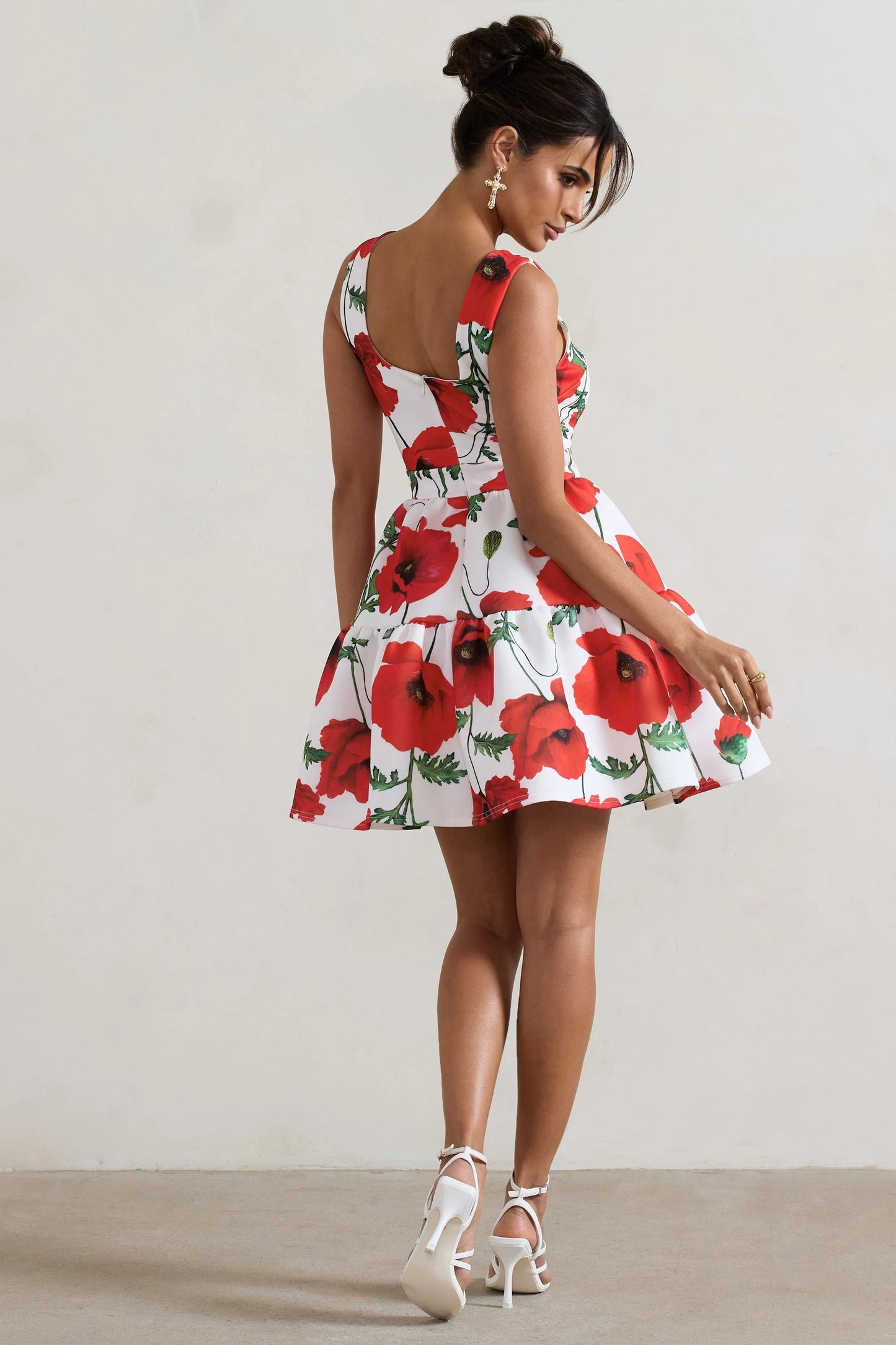 Alia Poppy Print Scoop-Neck Tiered Volume Hem Mini Dress
