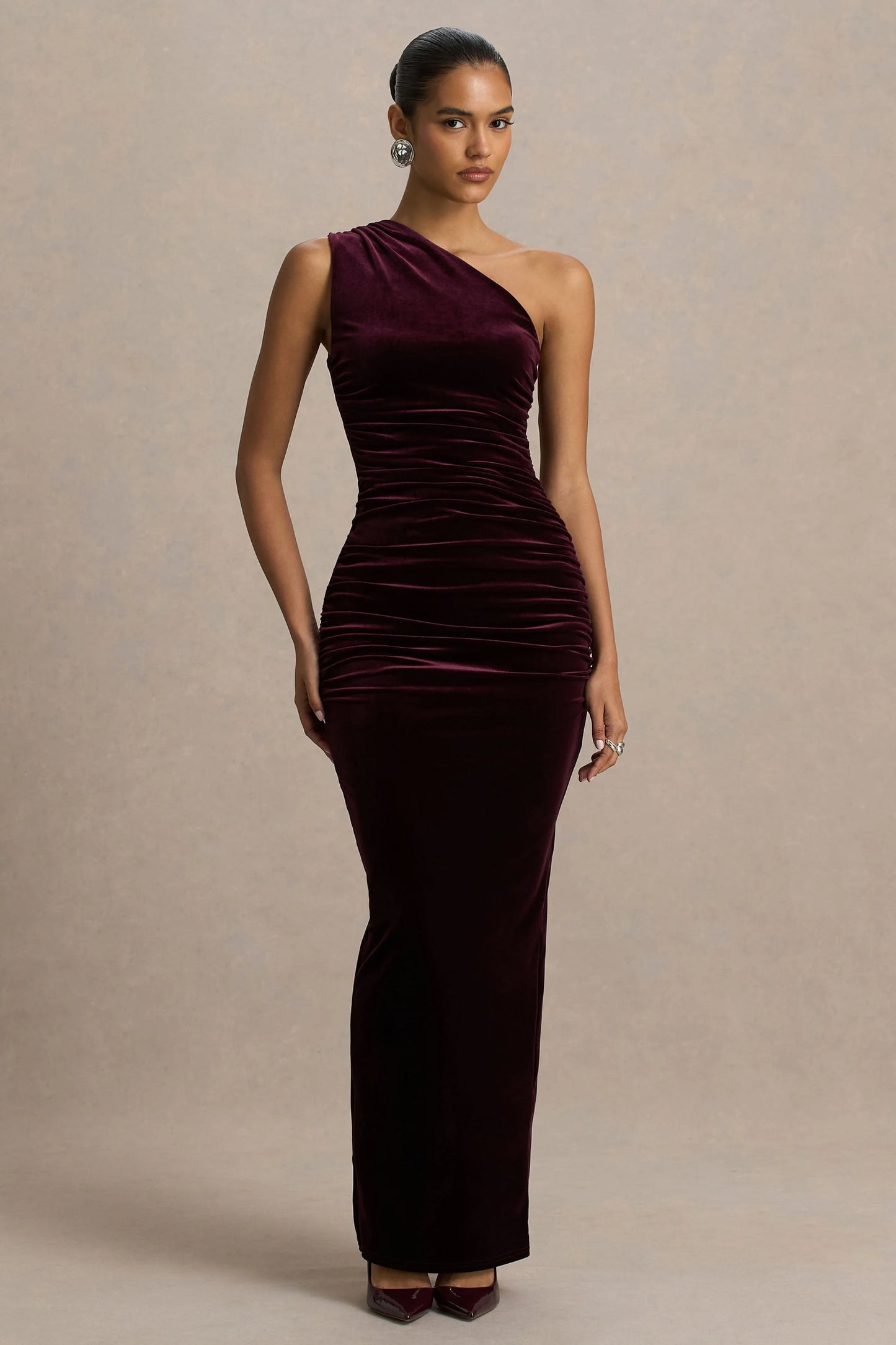 Treat Burgundy Velvet Asymmetric-Neck Maxi Dress With Ruched Detailing.