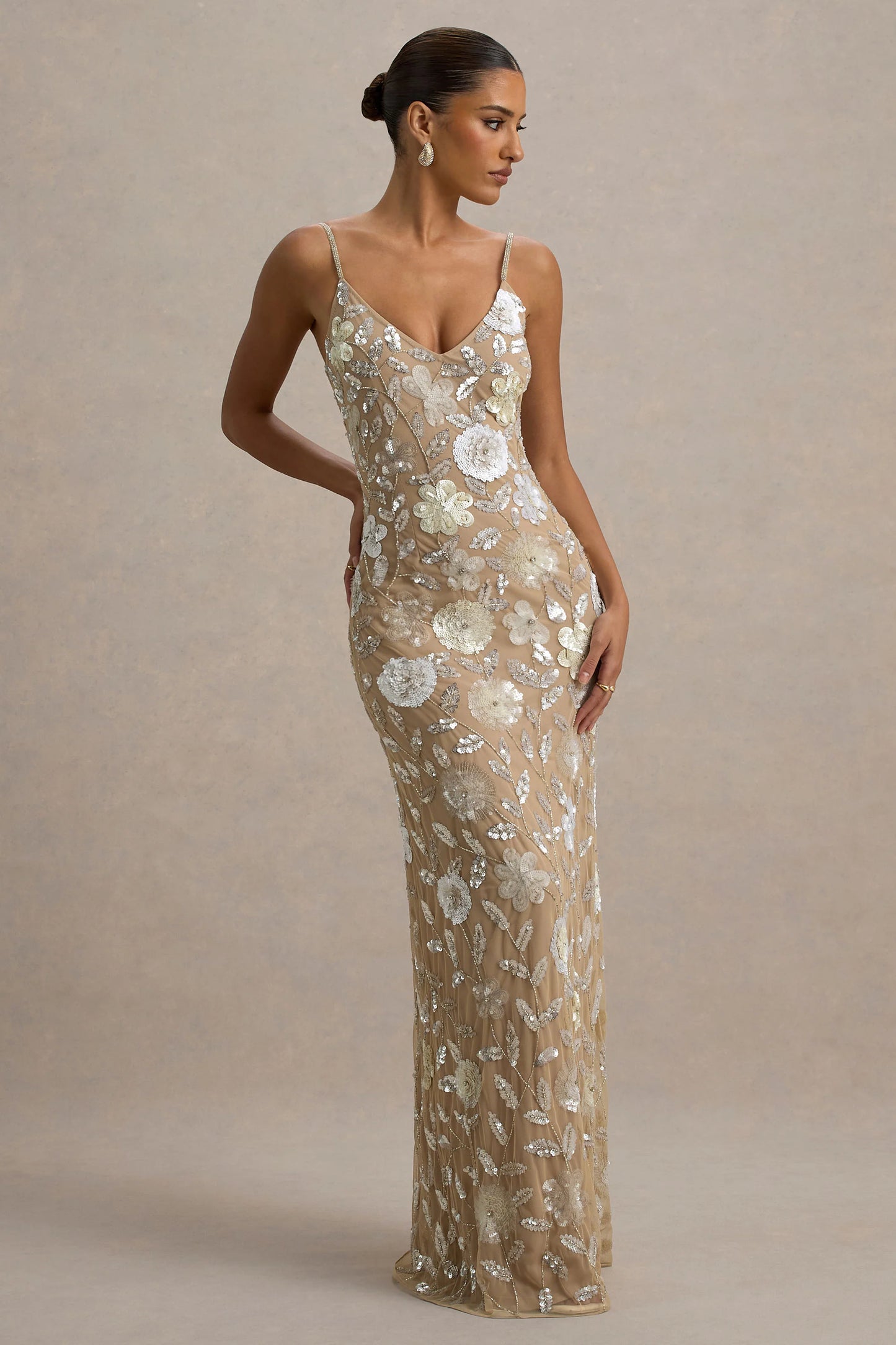 Gemini Floral Sequin Hand-Embellished Strappy Maxi Dress