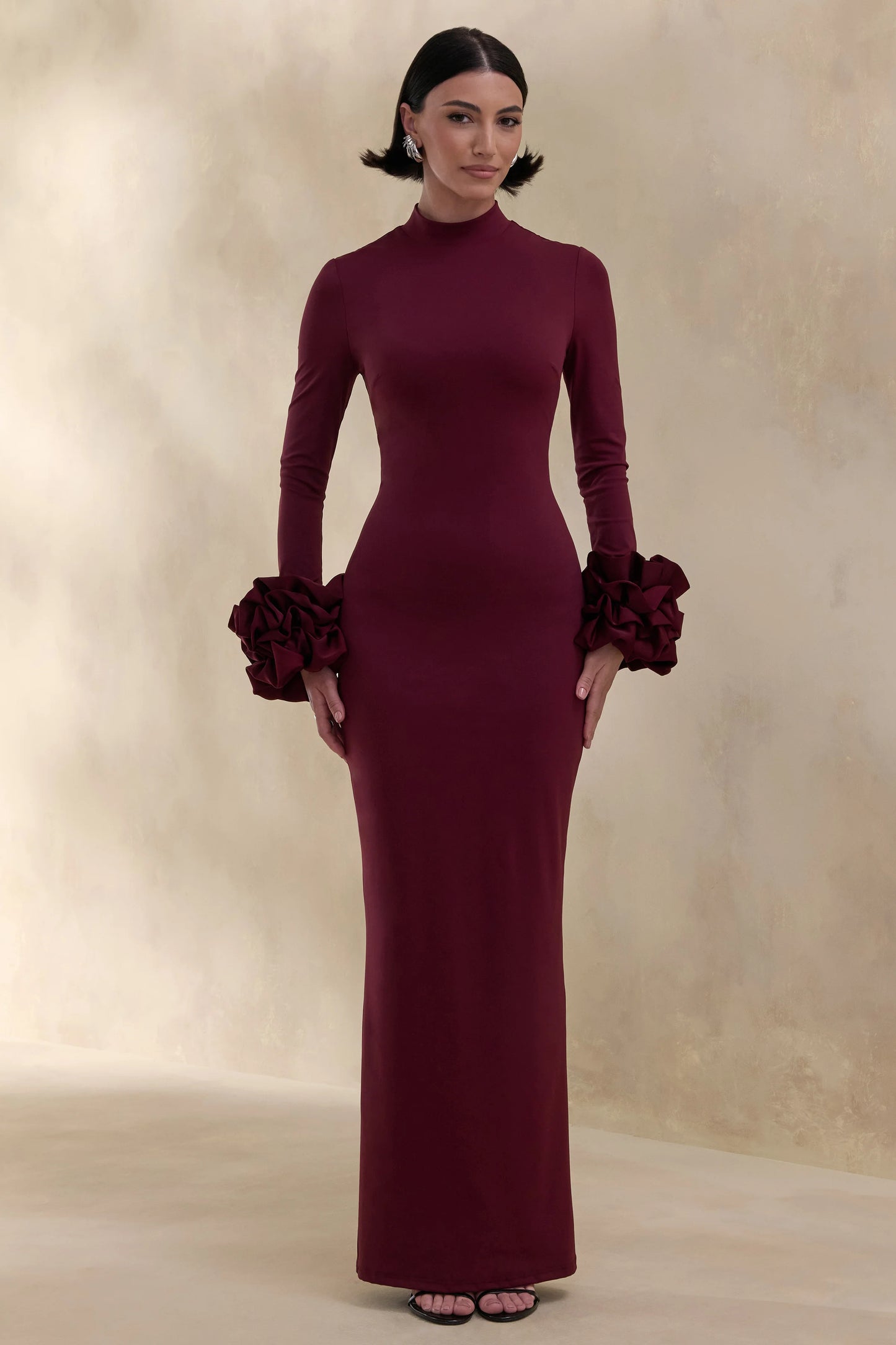 Jaselle Dark Plum High-Neck Maxi Dress With Ruffled Satin-Cuffs
