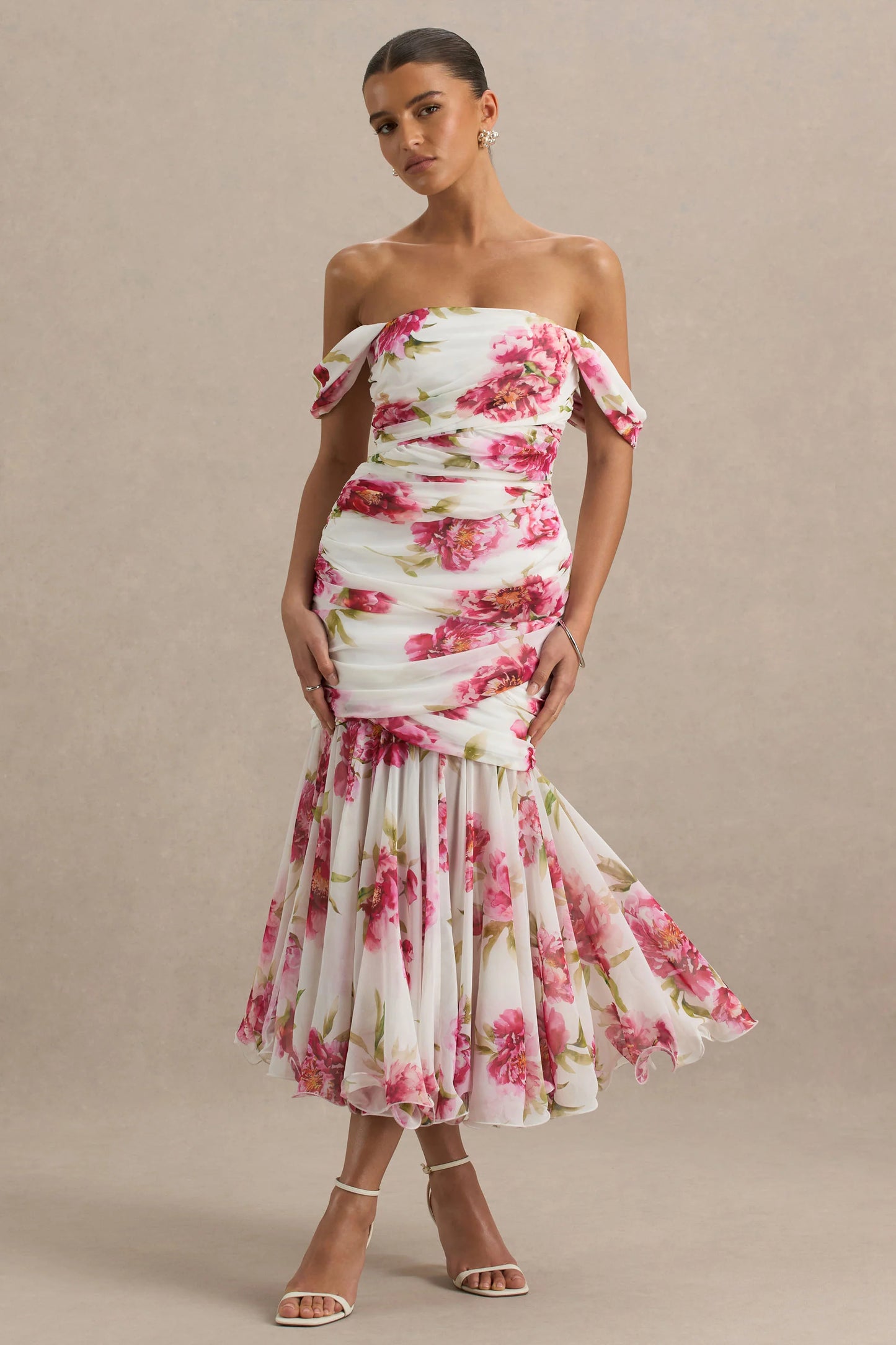 Madelyn Cream Floral Print Short-Sleeve Bardot Wrap Maxi Dress With Ruching