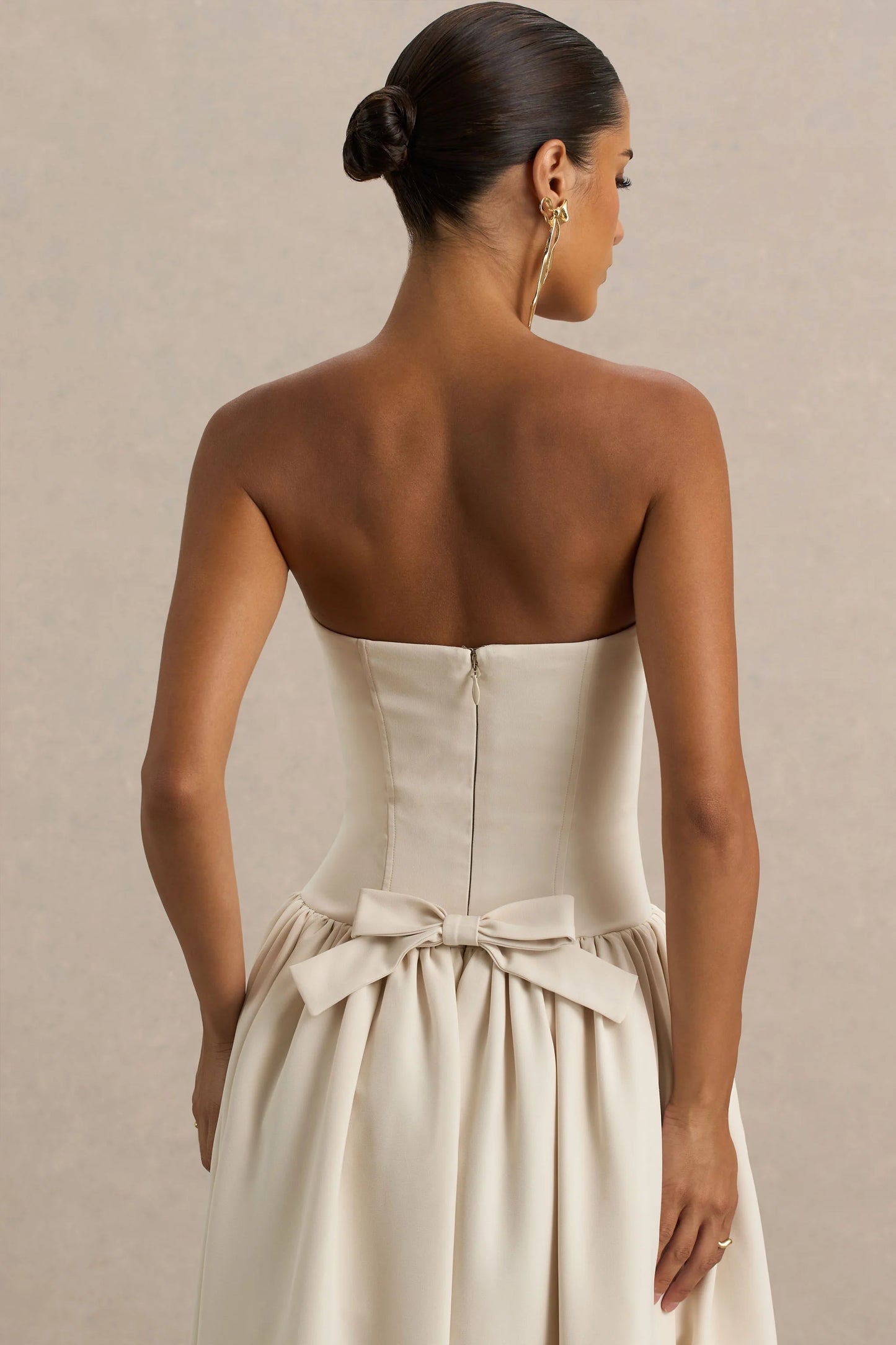 Candice Cream Bandeau Volume Midi Dress With Back Bow Detail