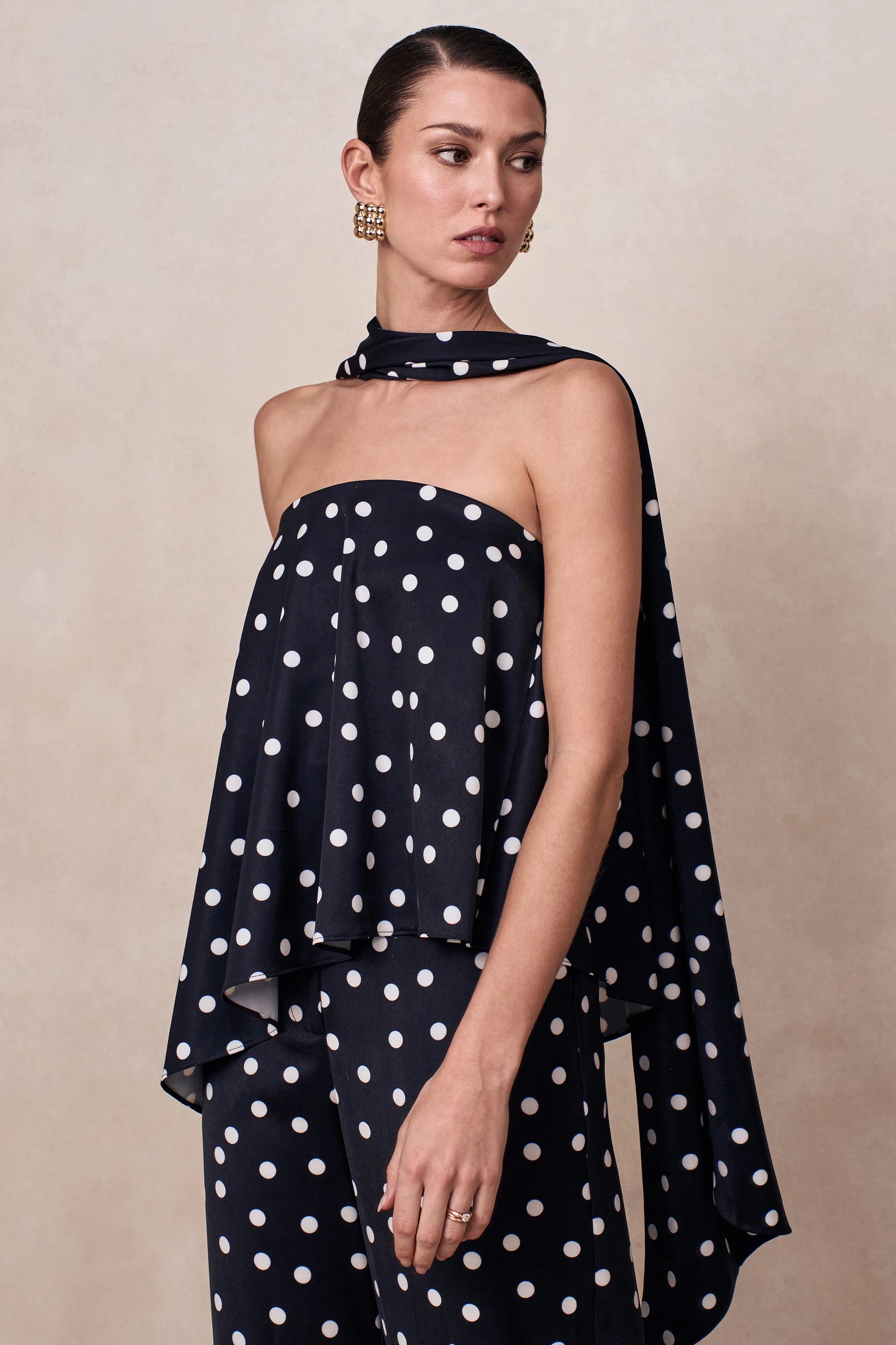 Evandra Black & White Satin Polka Dot Bandeau Top With Scarf