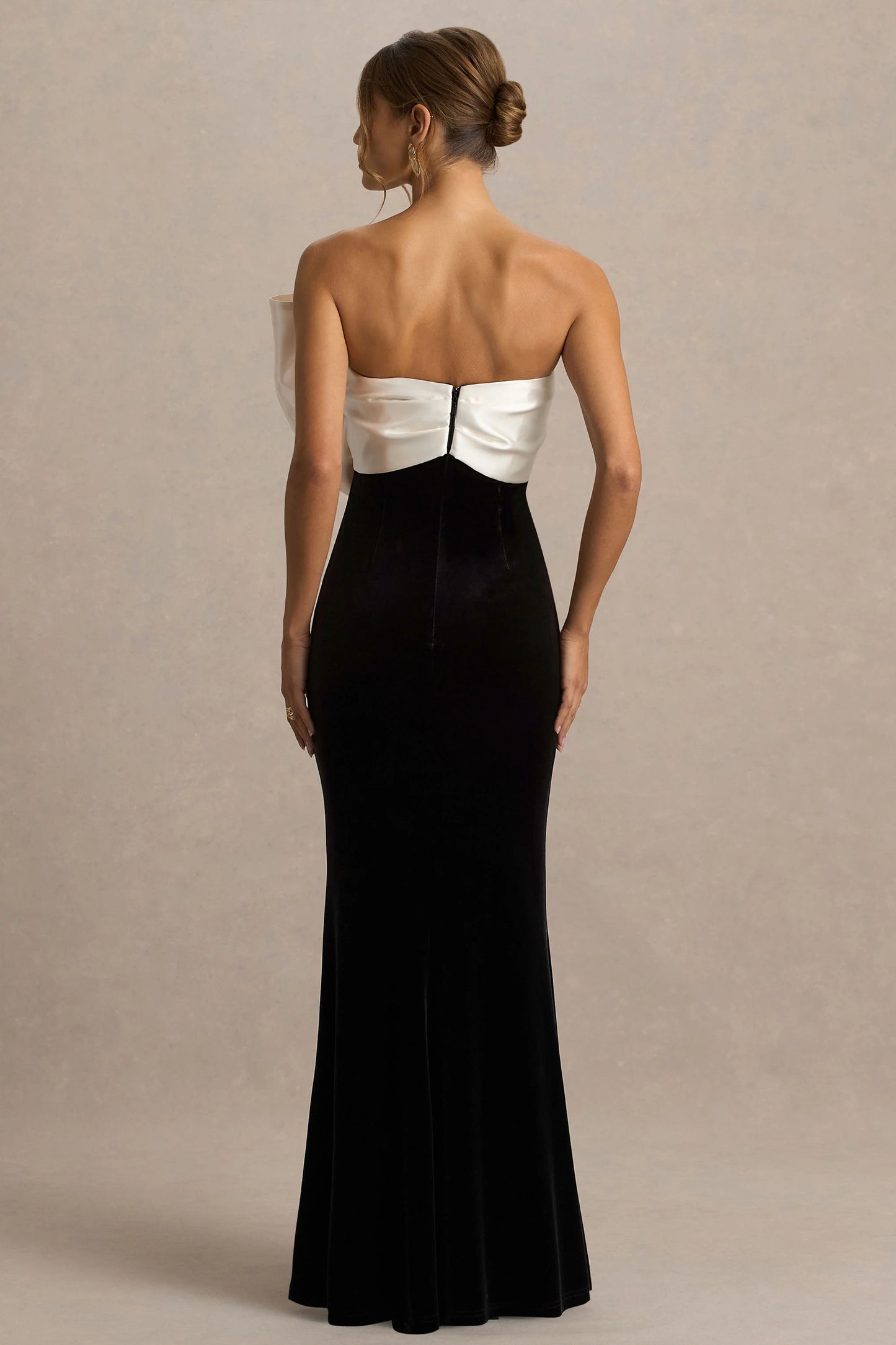 Divulge Black And White Velvet Asymmetric-Neck Maxi Dress With Bow Detail