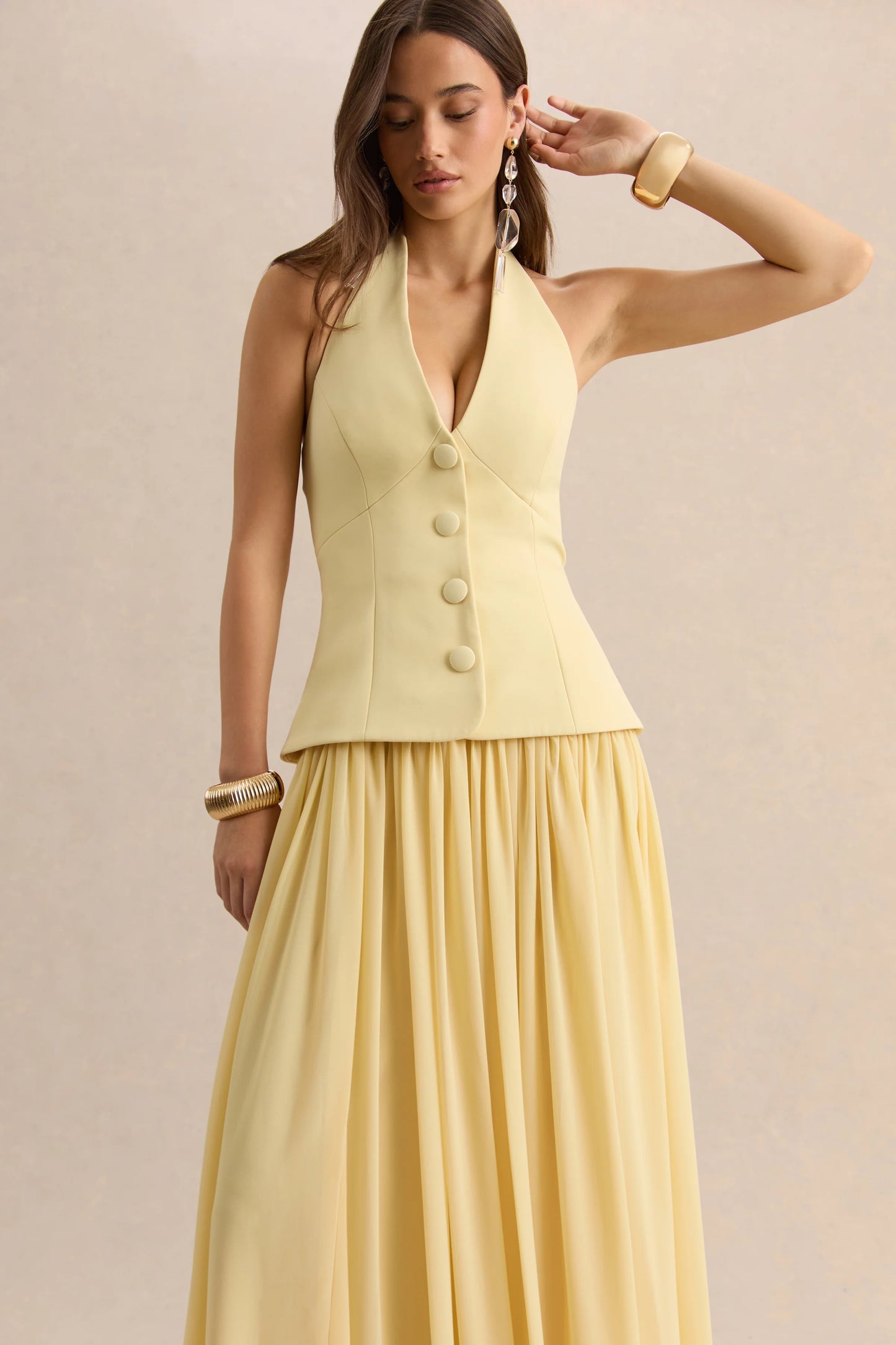 Zarina Lemon Plunge-Neck Maxi Dress
