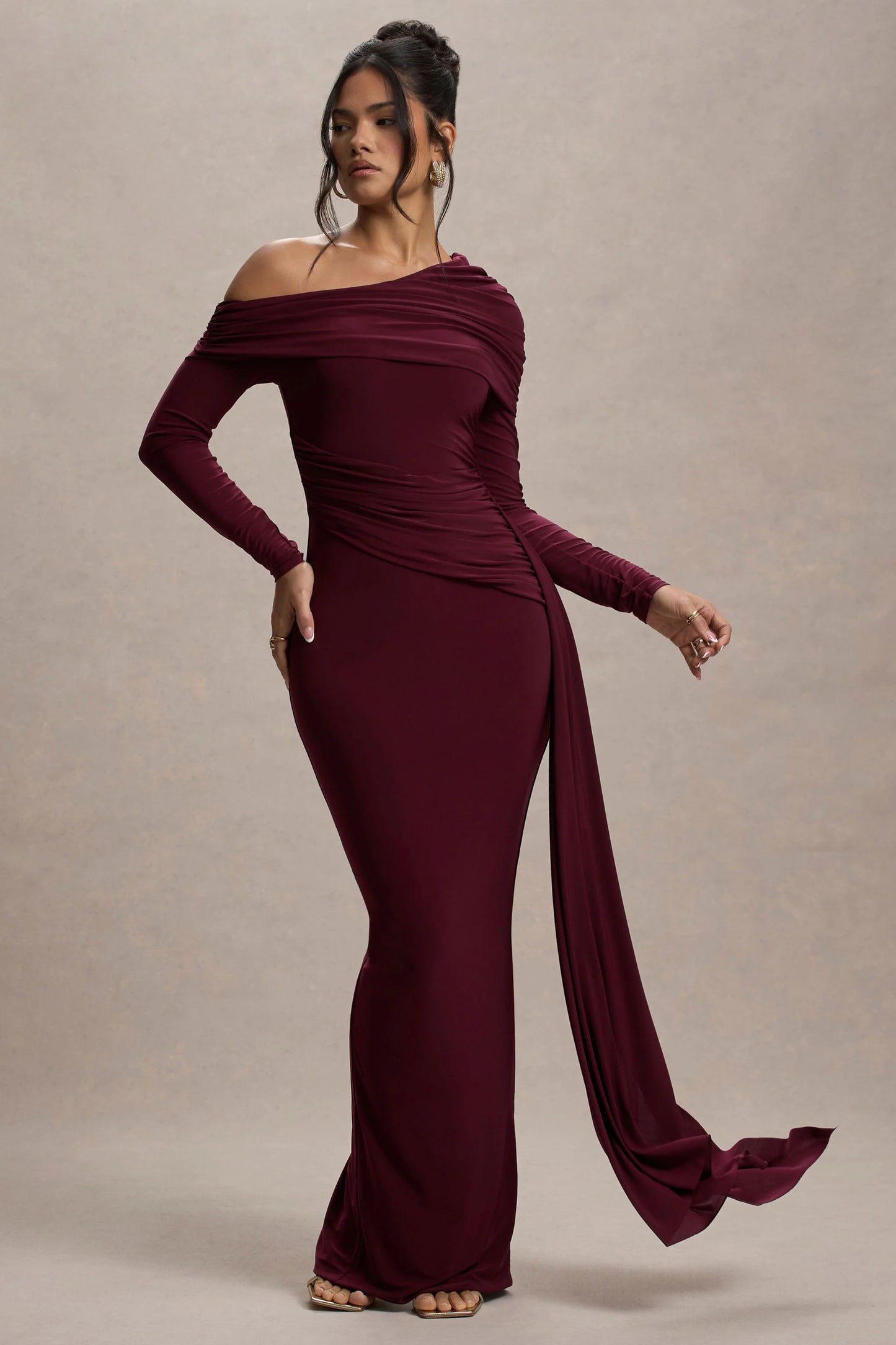 Valina Burgundy Ruched Asymmetric Maxi Dress With Drape