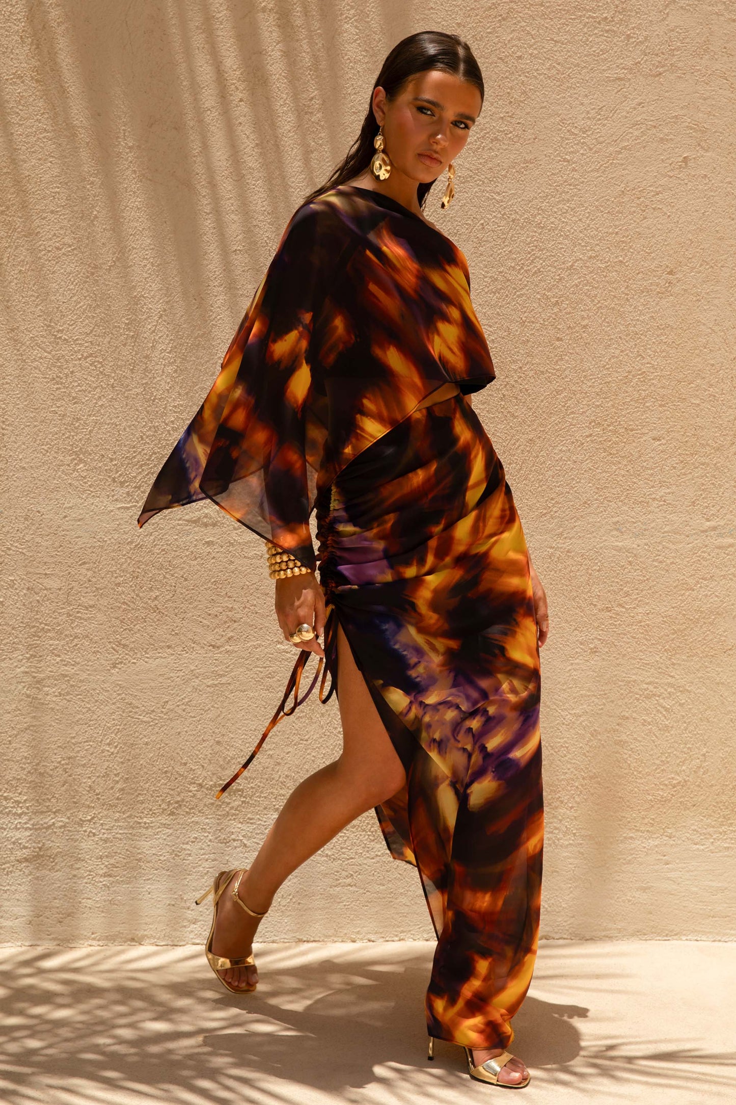 Nadine Smoke Print Asymmetric Maxi Skirt With Split