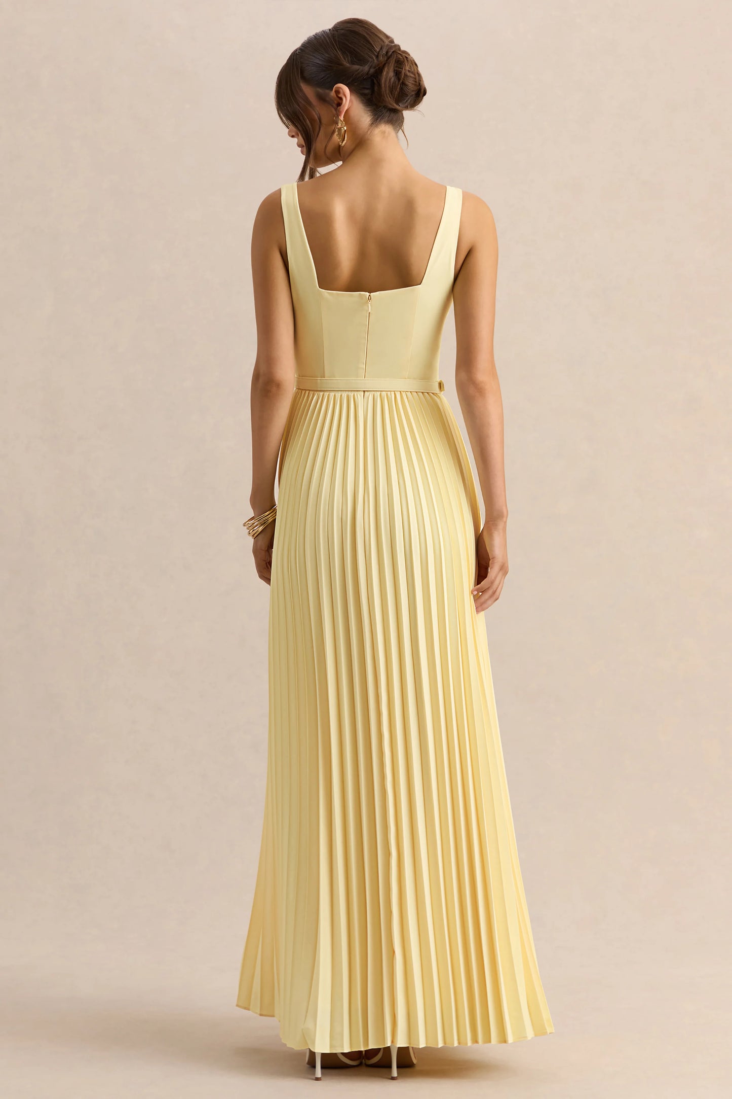 Danika Lemon Square-Neck Belted Maxi Dress With Pleated Skirt