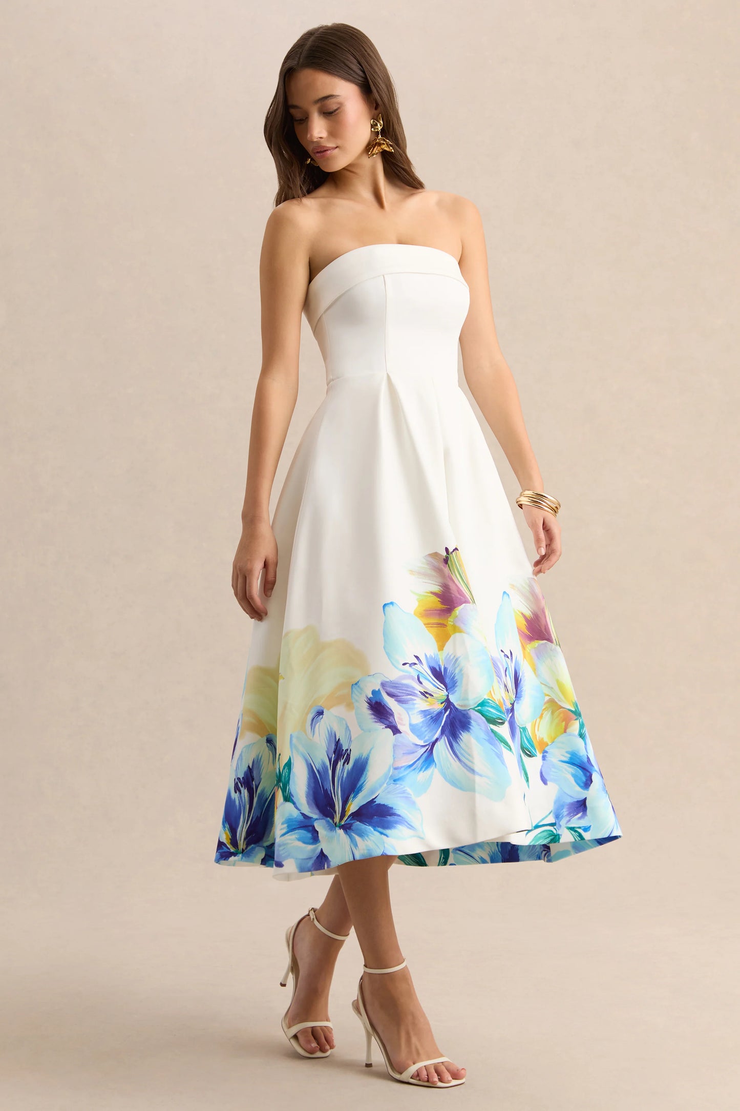 Annalise Blue And Yellow Floral Border Print Bandeau Skater Midi Dress