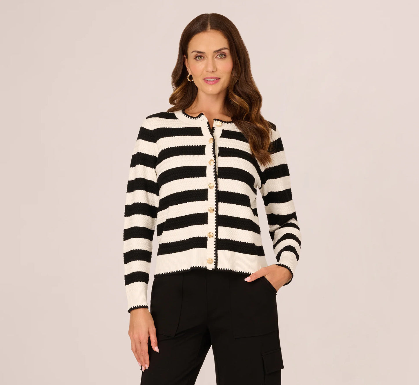 Textured Knit Blanket Stitch Cardigan Sweater In Ivory Black