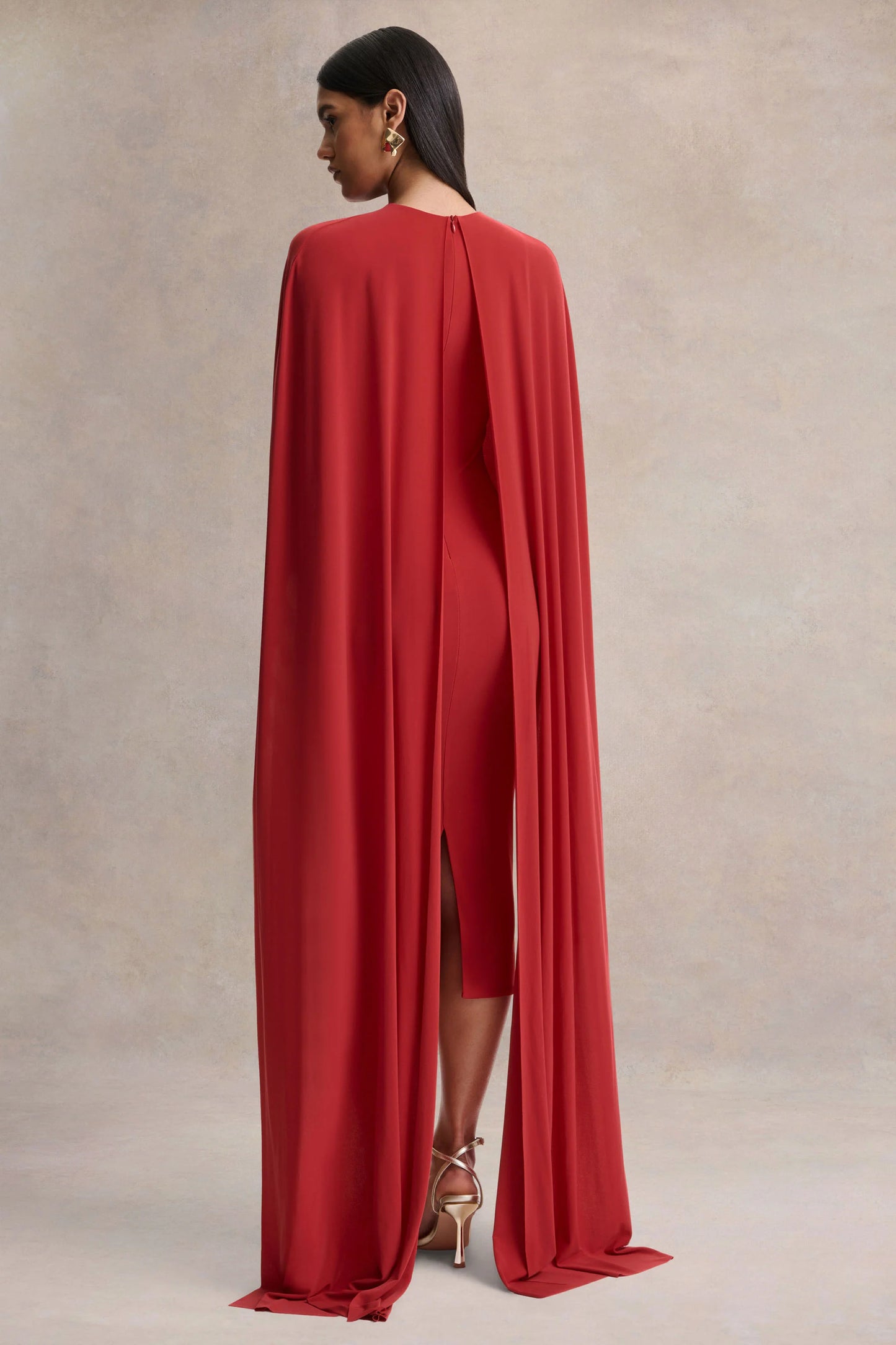 Kalani Red Crew-Neck Midi Dress With Cape-Sleeves