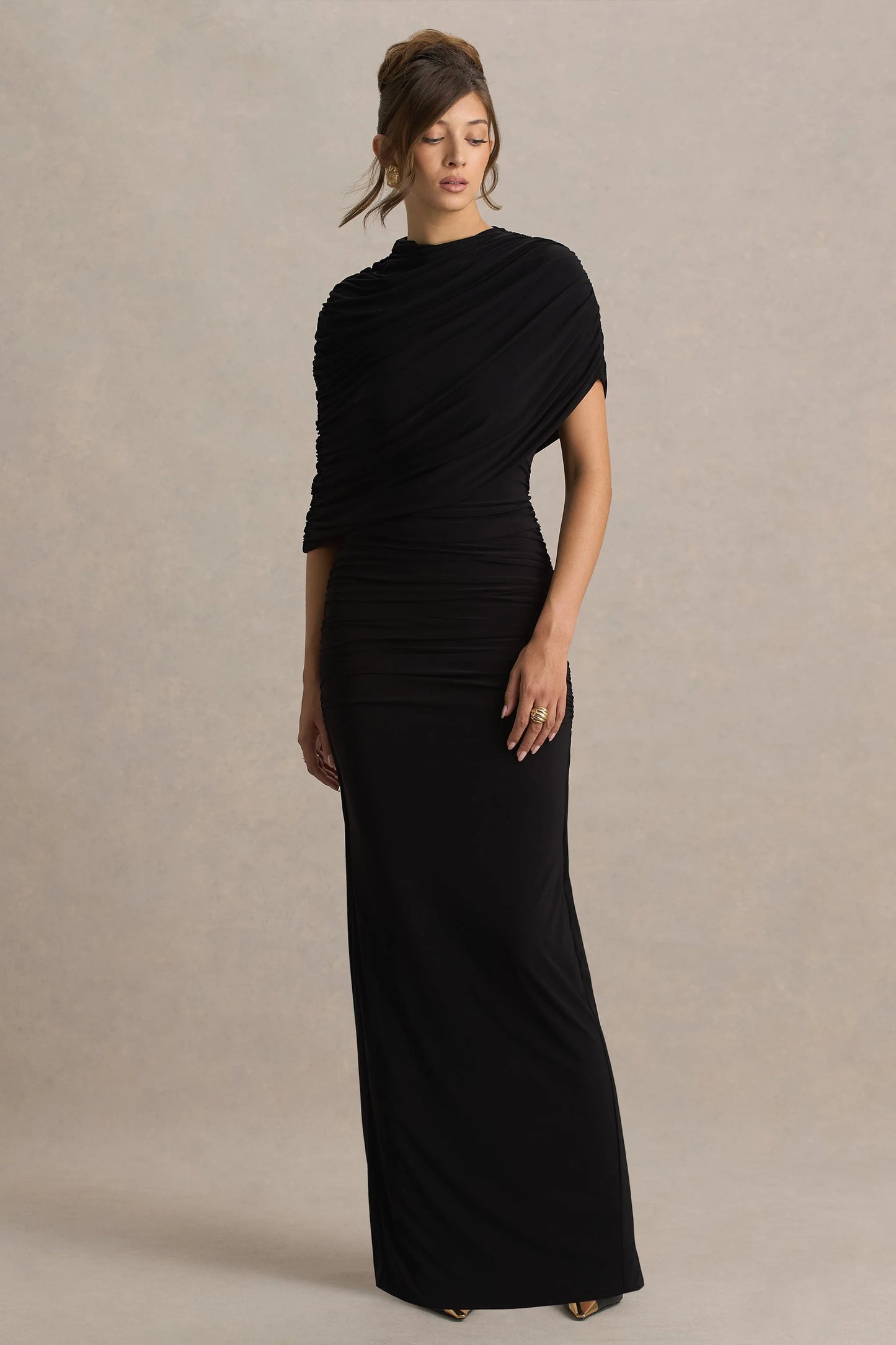 Glitz Black High-Neck Maxi Dress With Cape Sleeve and Ruched Detail