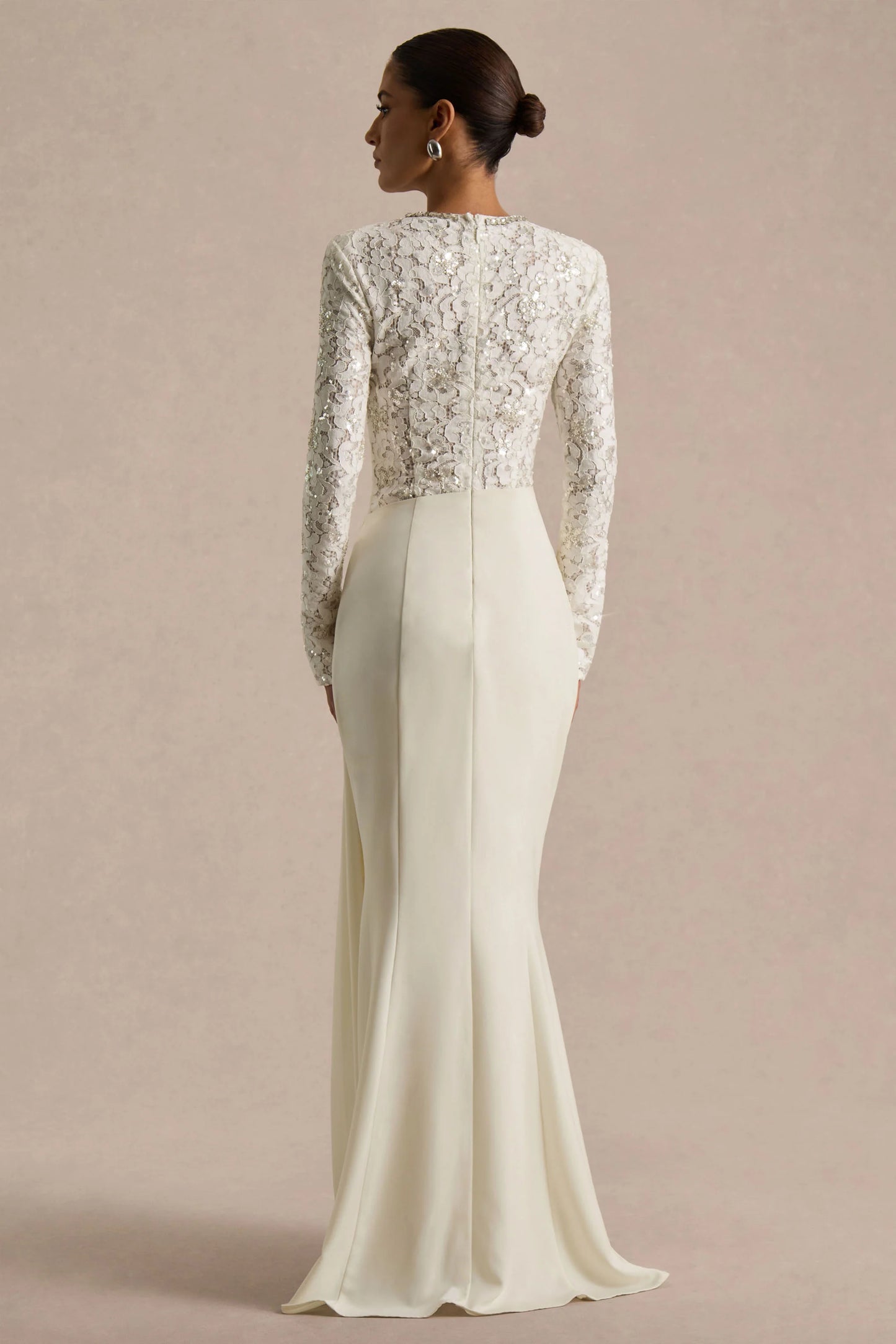 Beau Ecru Lace Embellished Crew-Neck Maxi Dress With Draped Detail