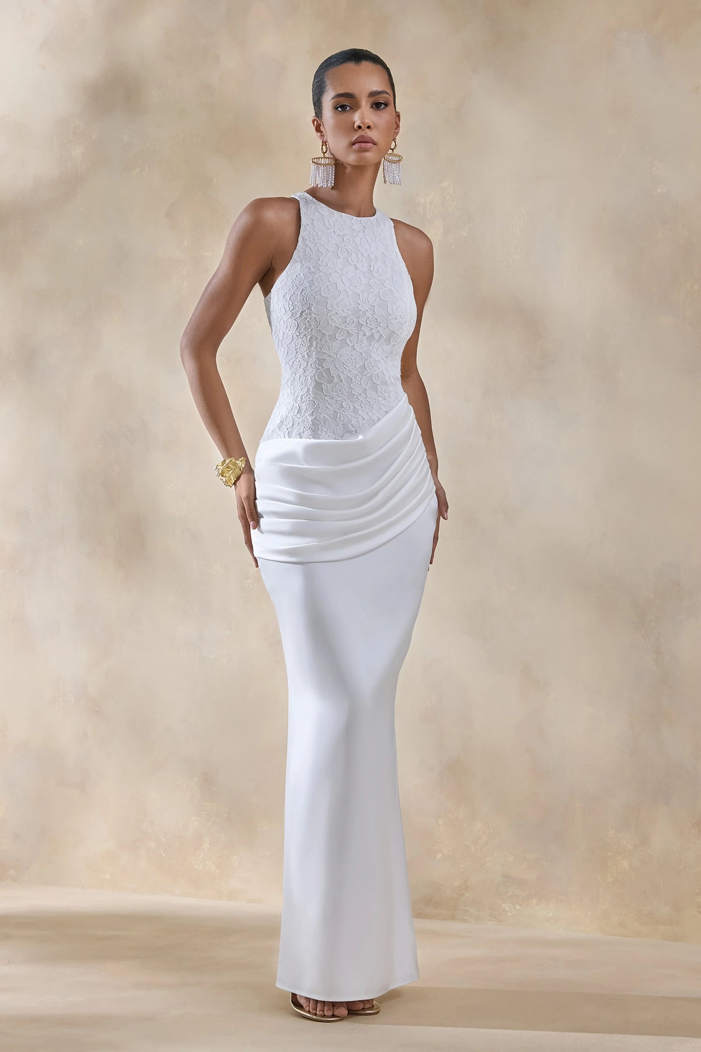 Neria White Satin And Lace Crew-Neck Maxi Dress With Draped Wrap-Skirt