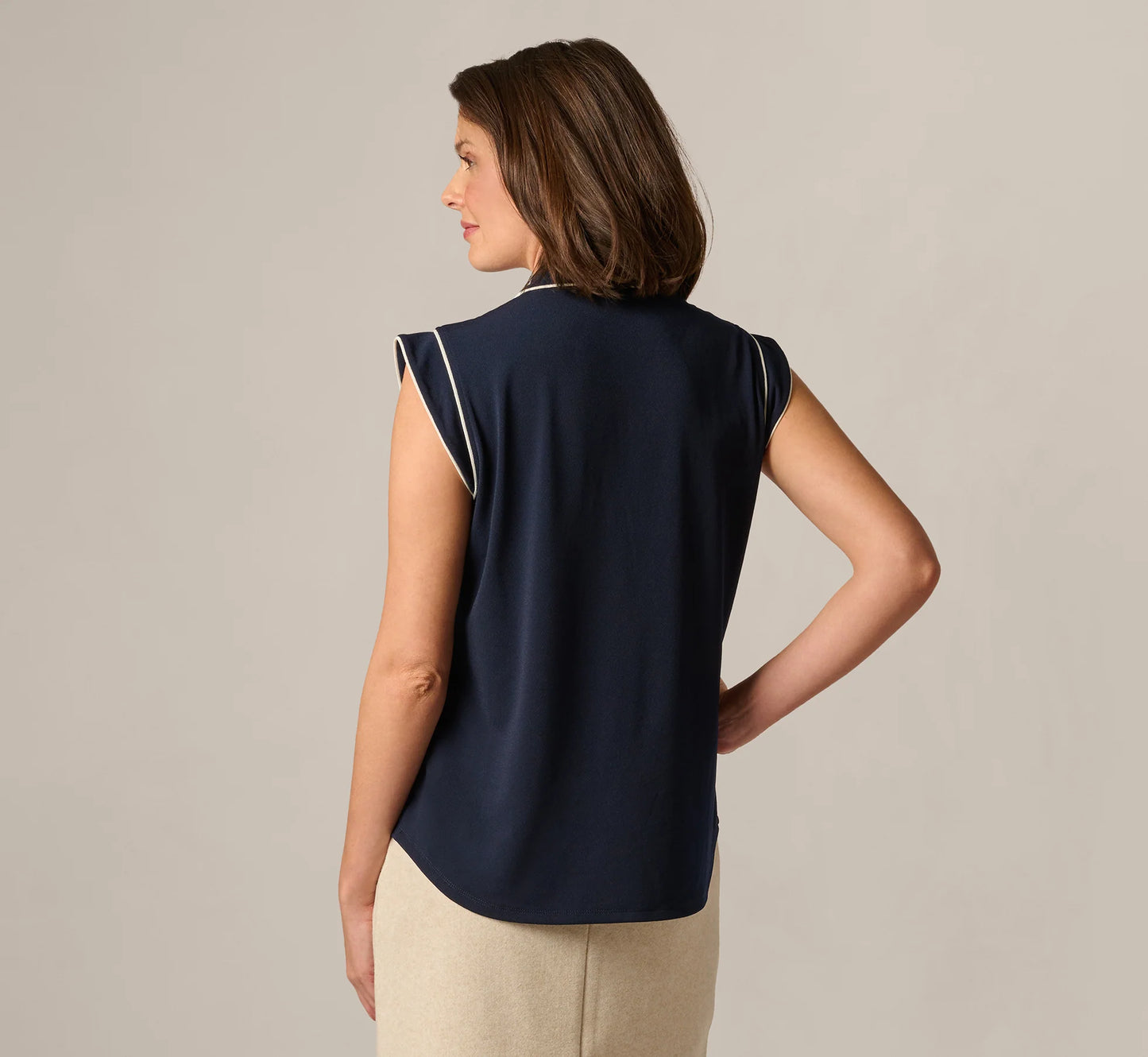 Cap Sleeve Tie Neck Blouse In Blue Moon Ivory