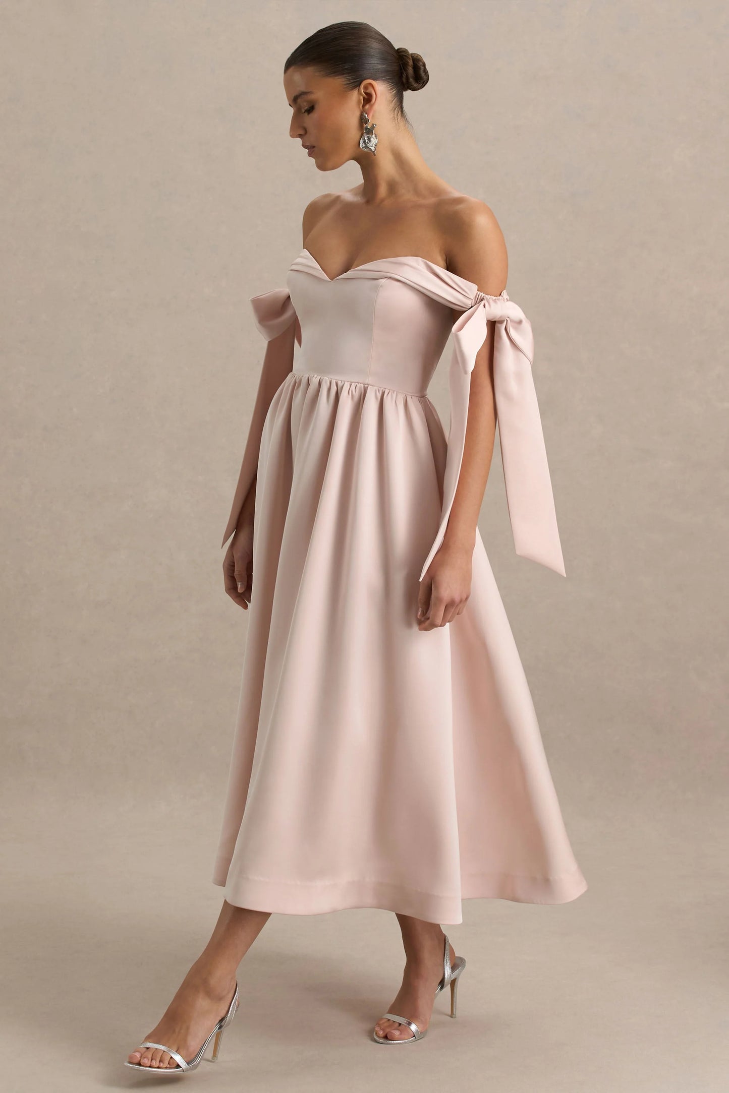 Agafay Rose Pink Satin Short-Sleeve Bardot Wrap Midi Dress With Bow Detail