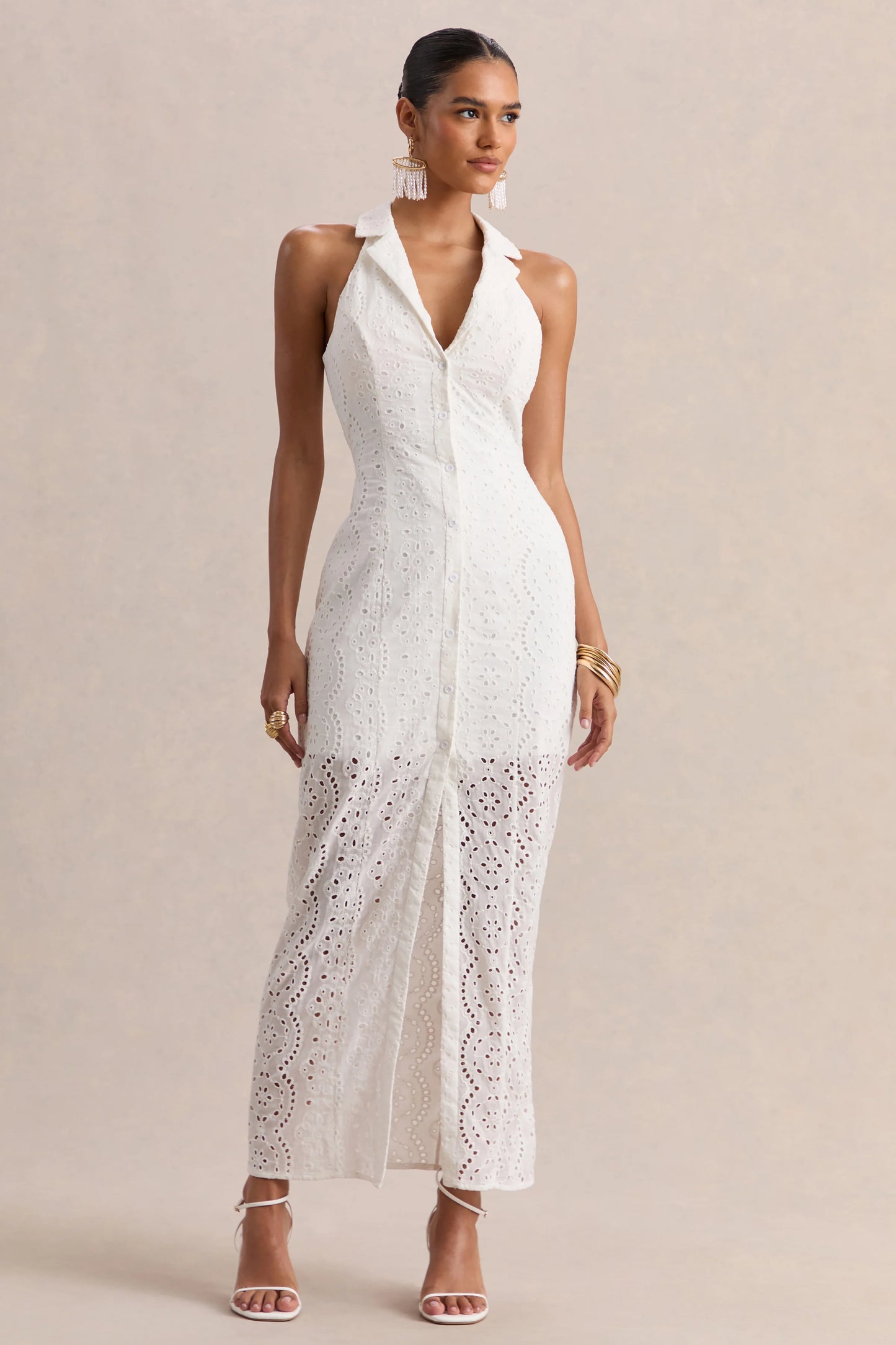 Tover White Broderie Plunge-Neck Maxi Dress