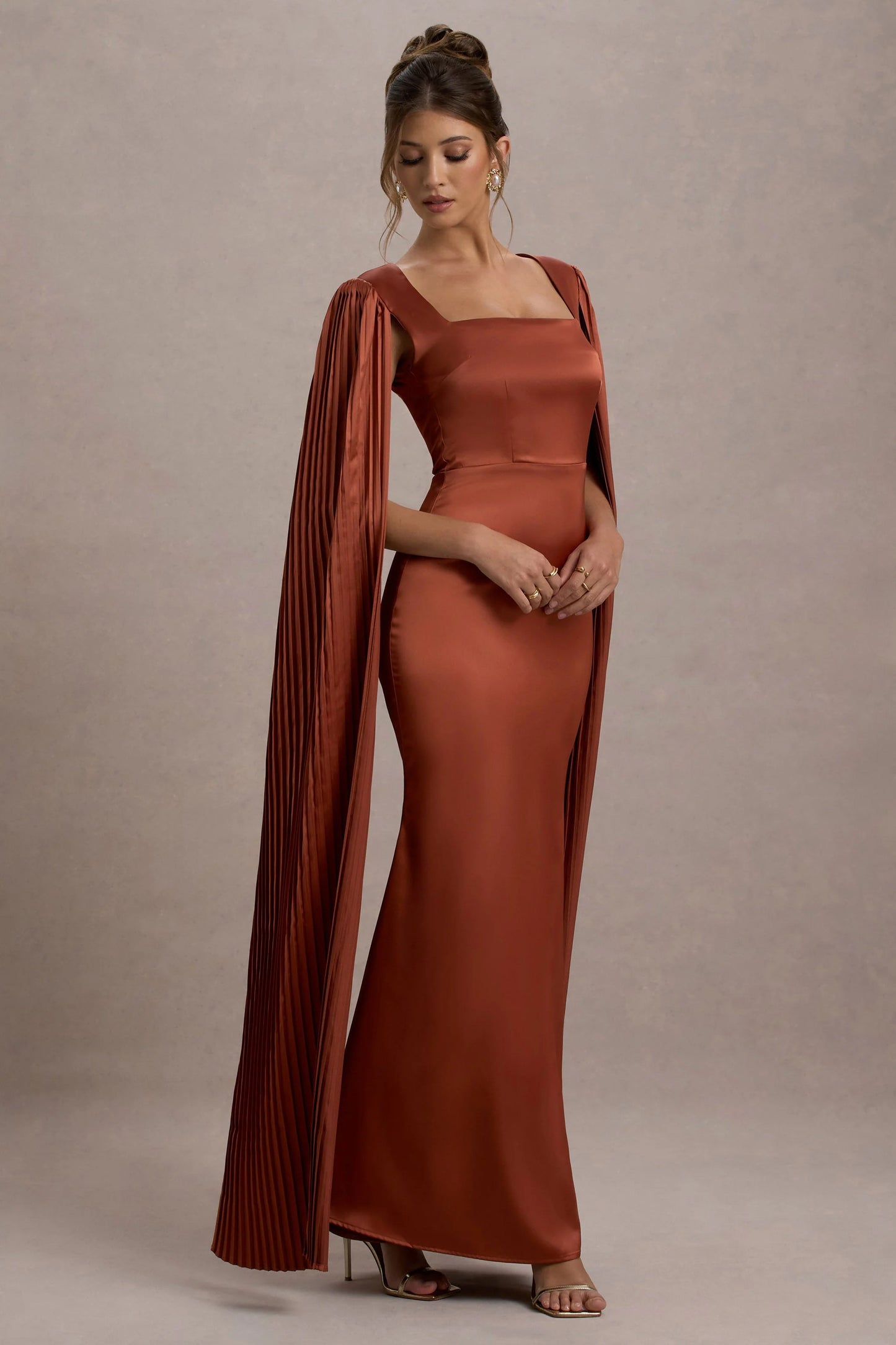 Saloma Rust Satin Square-Neck Maxi Dress With Cape Sleeves