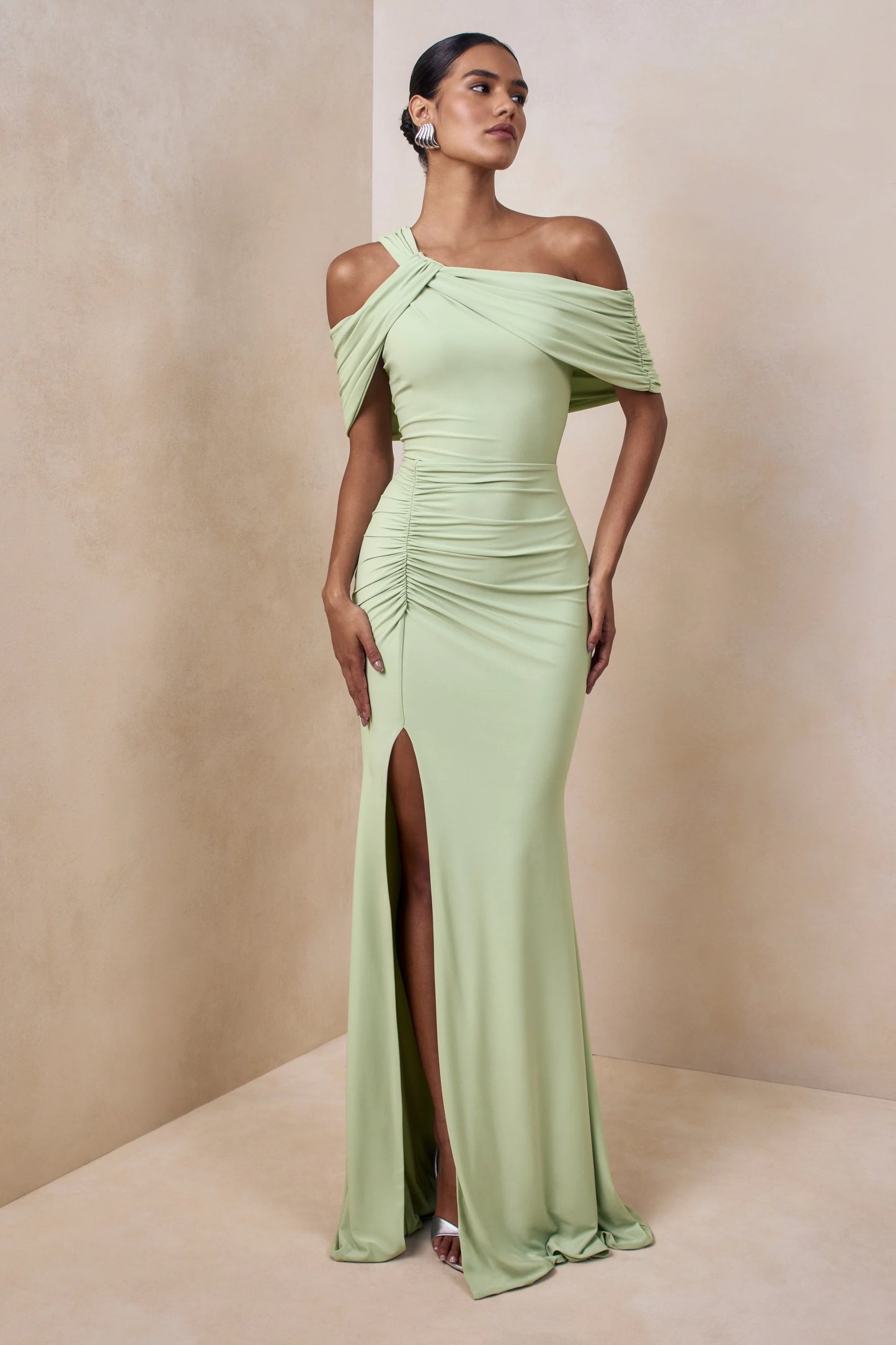 Nala Mint Asymmetric-Neck Maxi Dress With Gathered Detailing