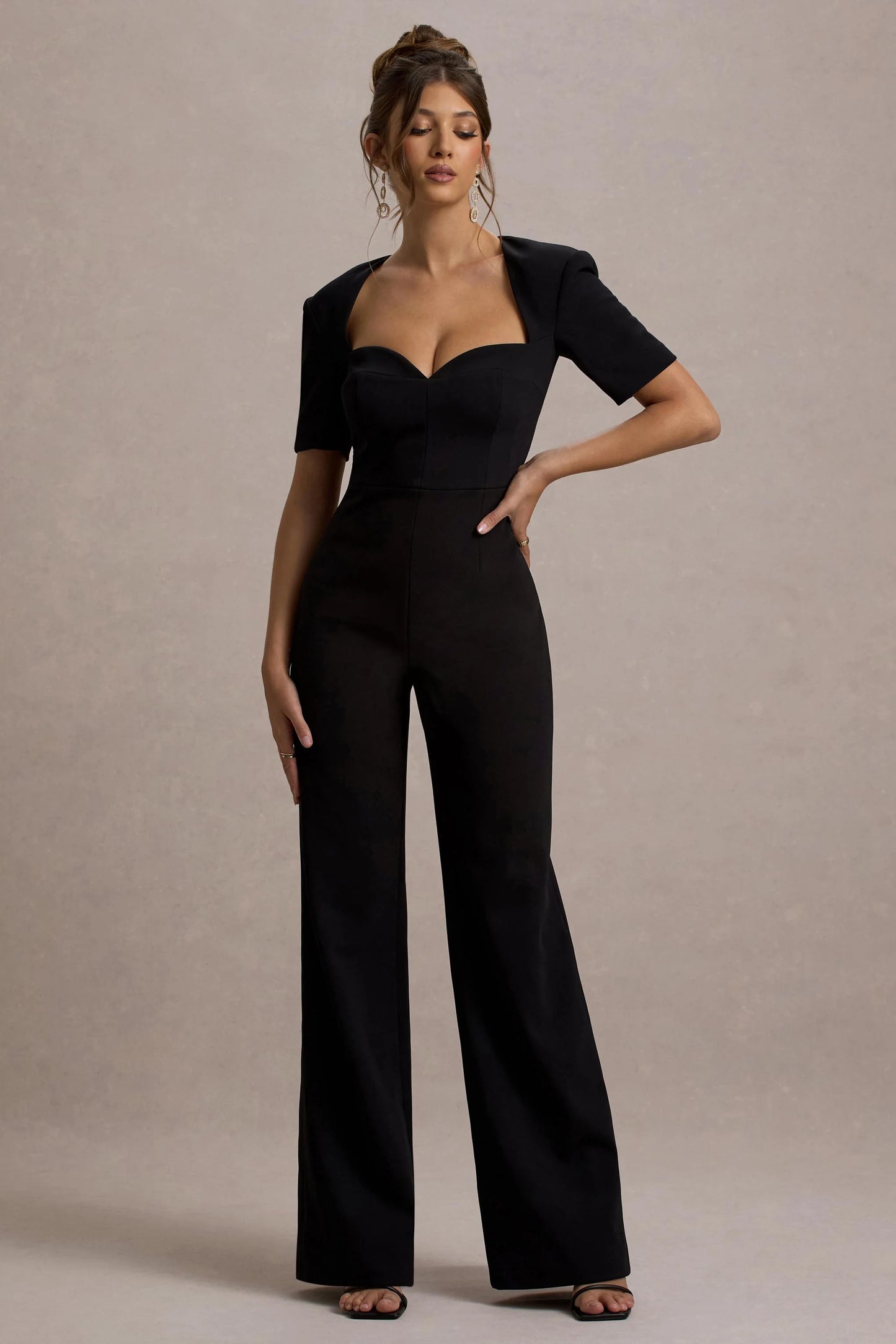 Simone Black Sweetheart Short-Sleeve Wide-Leg Jumpsuit