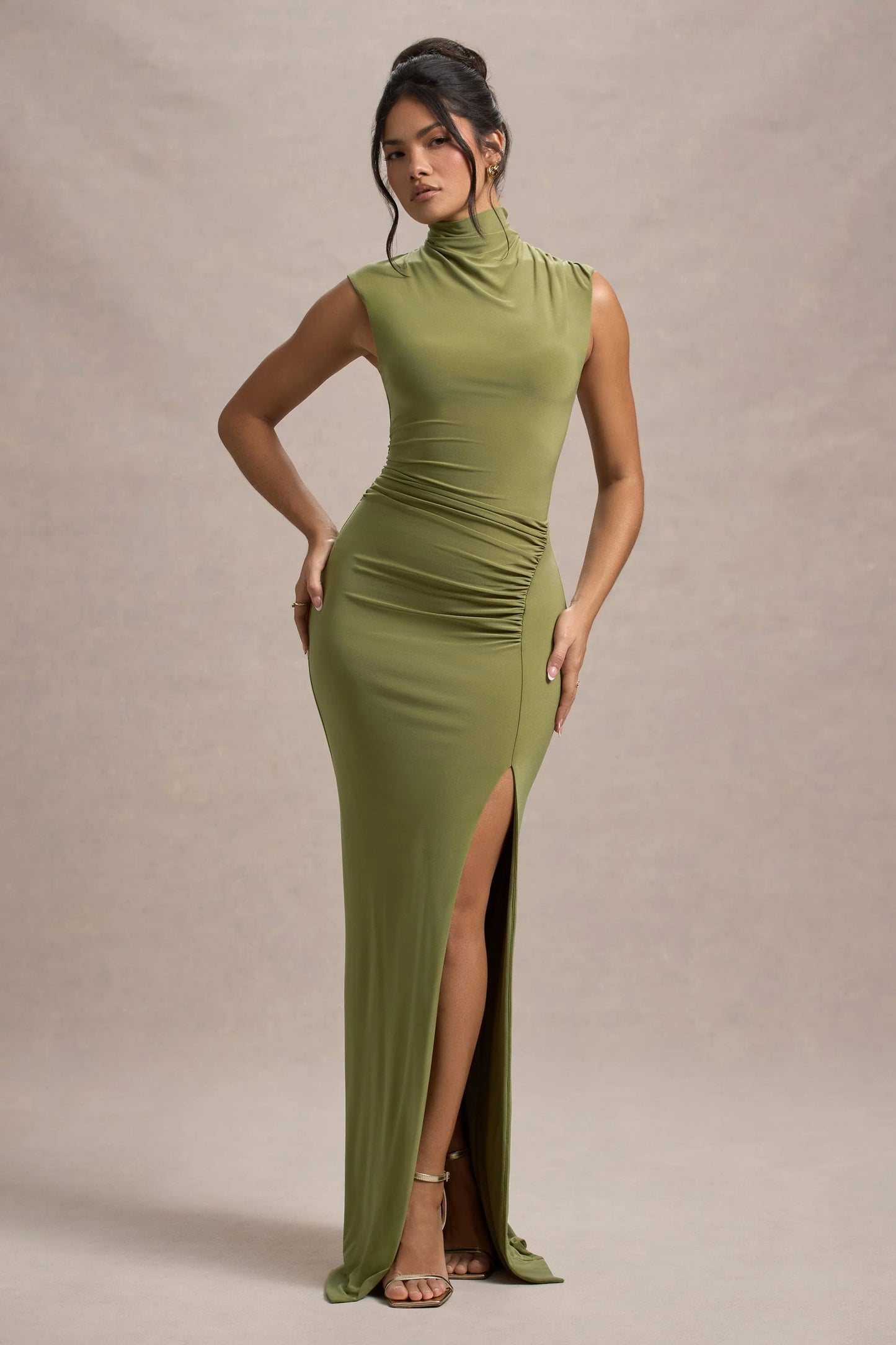 Lanetta Olive Ruched High-Neck Maxi Dress With Split