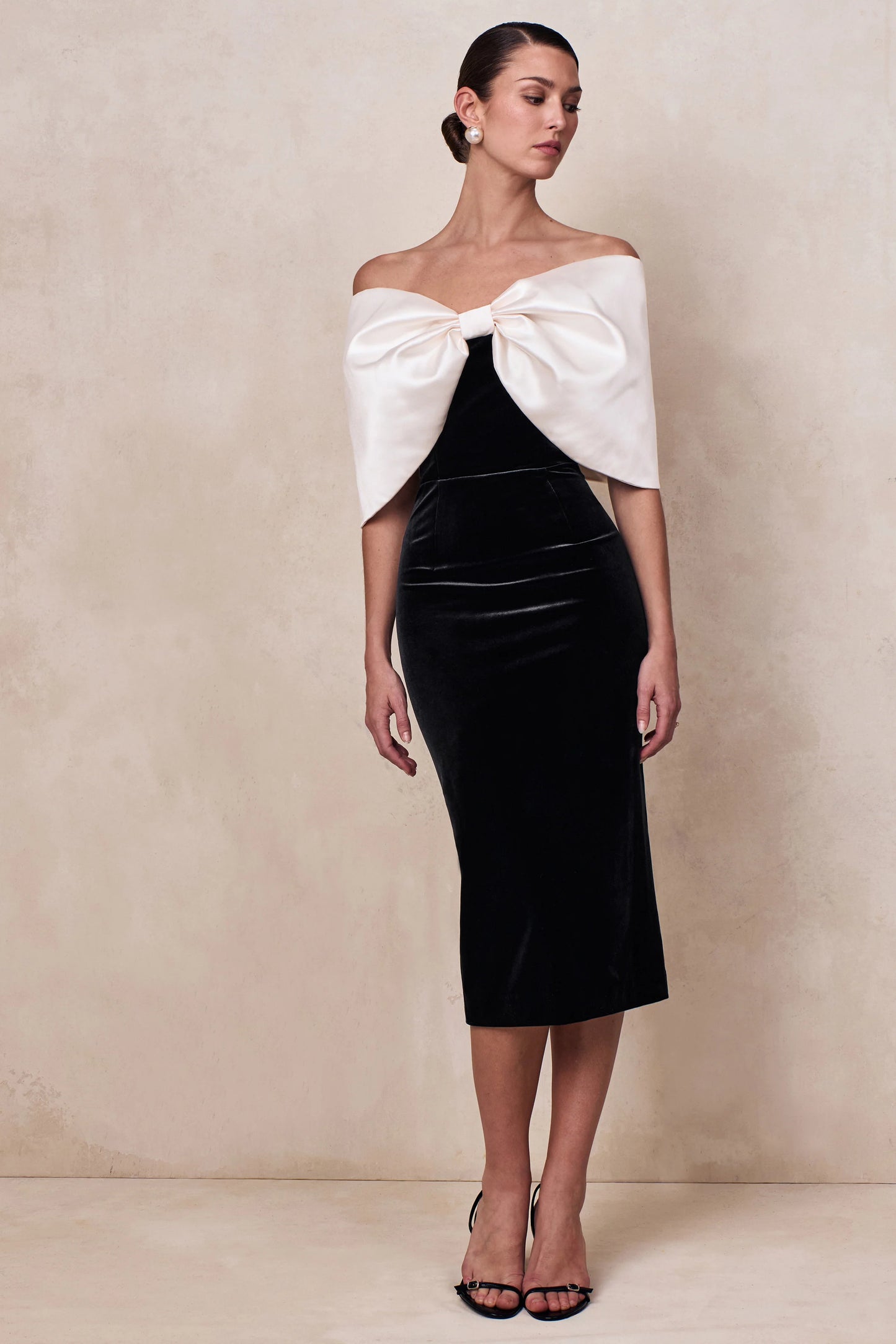 Twilight Black And White Velvet Bardot-Neck Midi Dress With Oversized Satin Bow