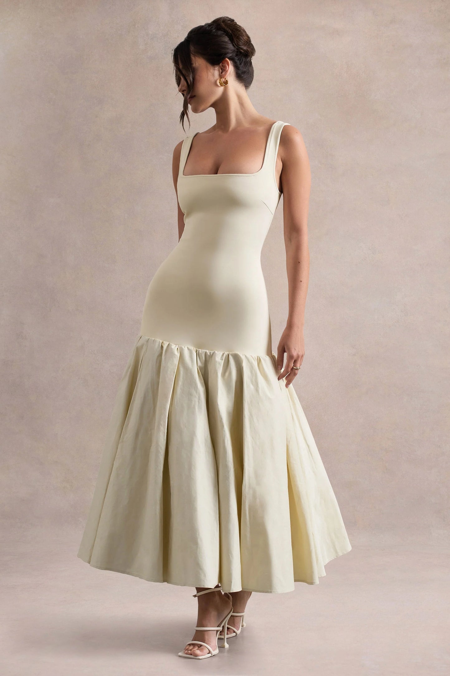 Parida Cream Poplin Drop-Waist Midi Dress With Peplum Hem