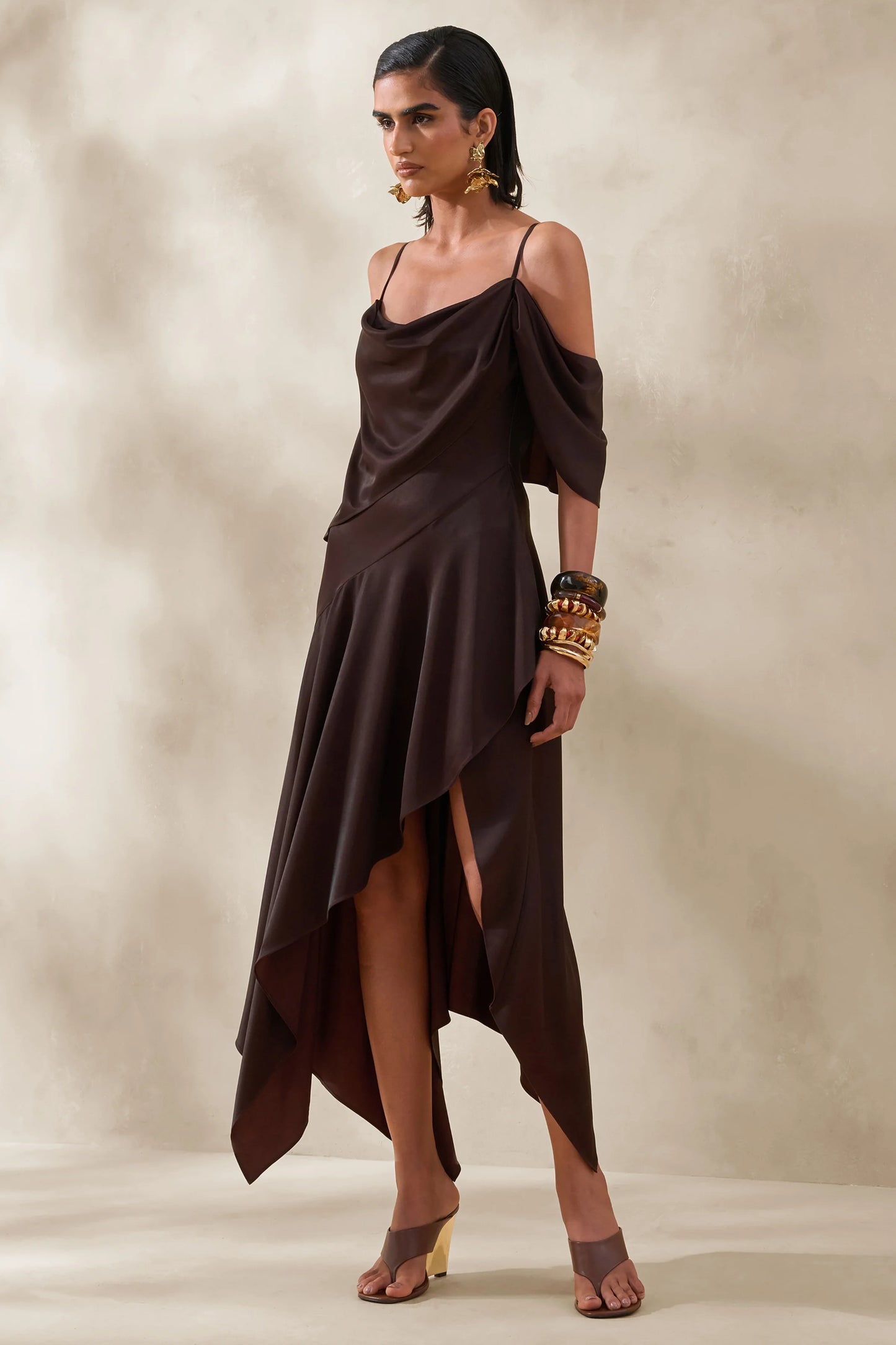 Helira Brown Asymmetric Midi Dress With Draping Detailing and Open-Back