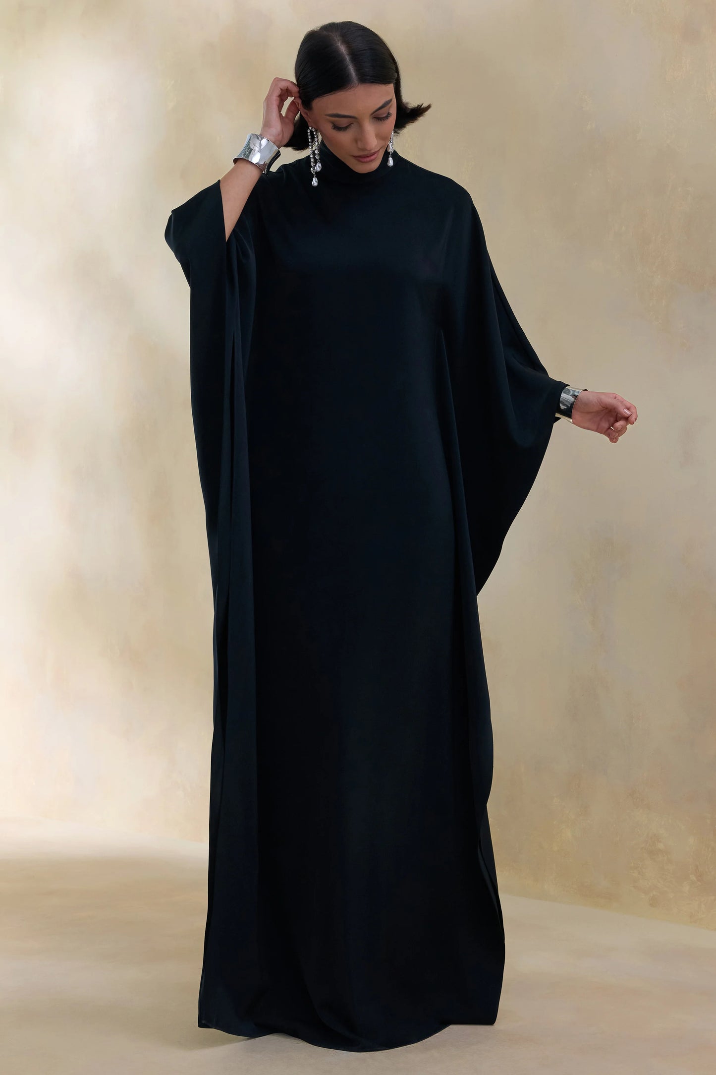 Lumisette Black Satin High-Neck Maxi Dress With Cape