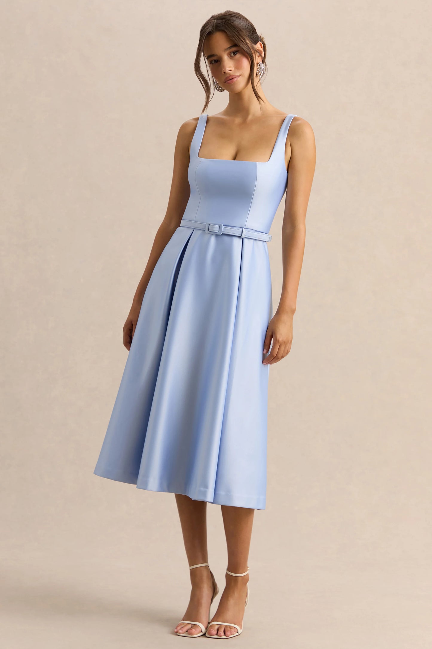 Crystaline Powder Blue Satin Square-Neck Midi Dress