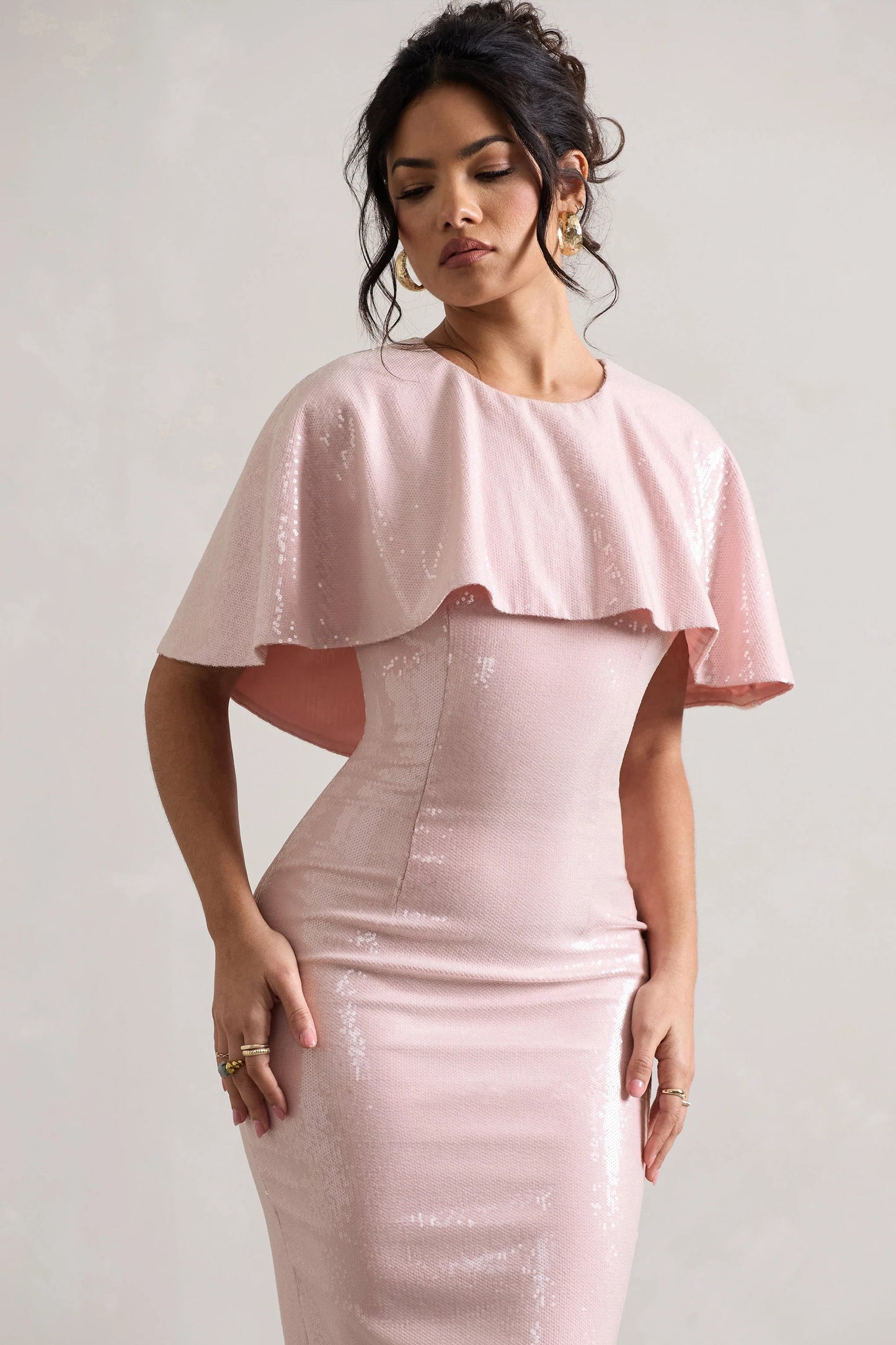 Amelie Pastel Pink Sequin Midi Dress With Cape
