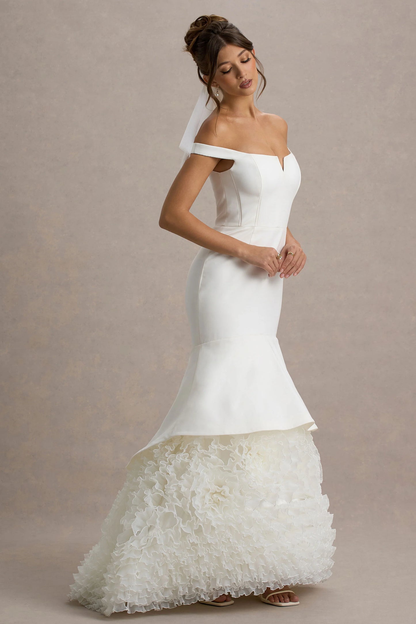 The Greatest White & Cream Bardot Maxi Dress With Tulle Skirt