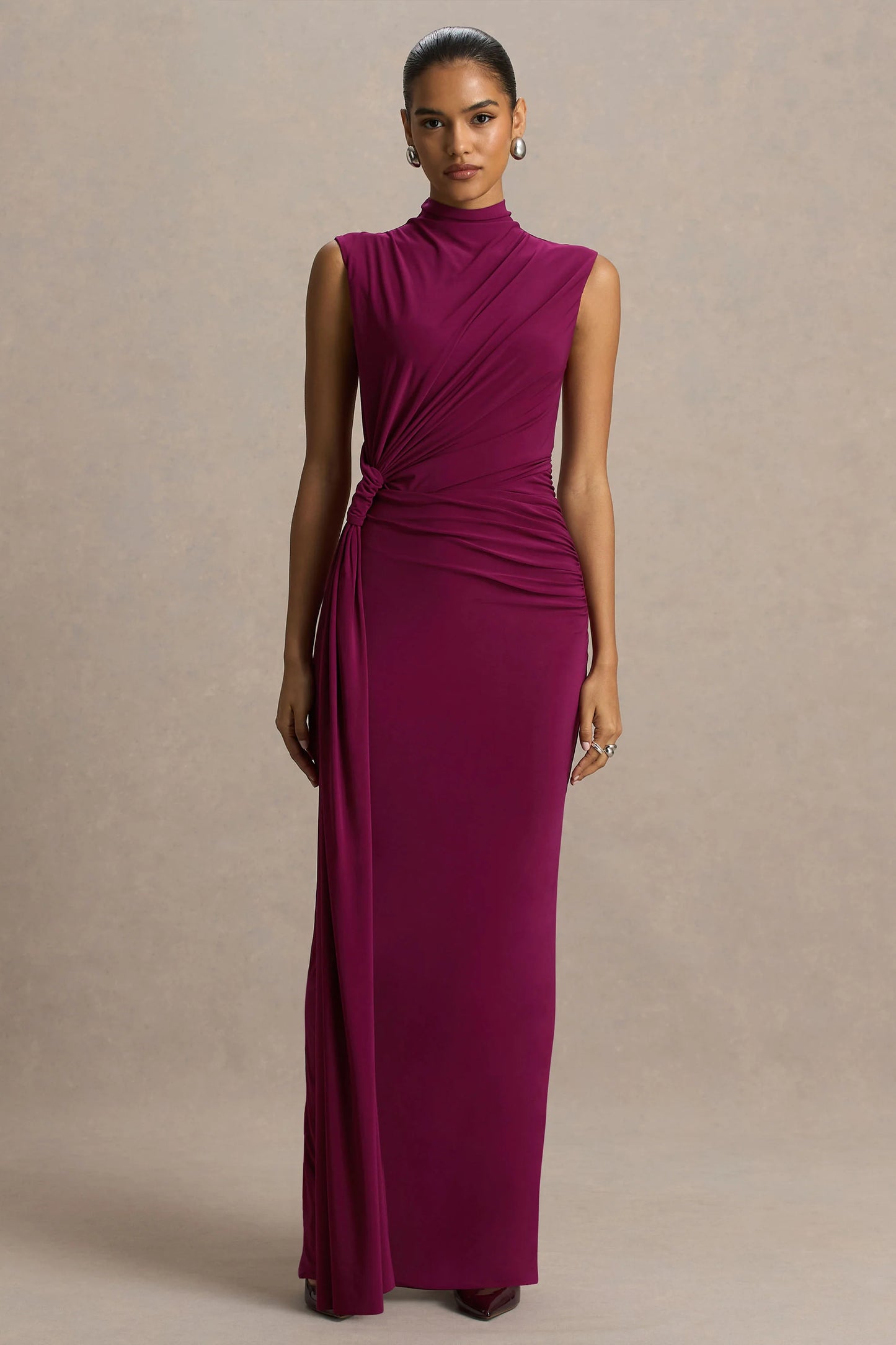 Solene Burgundy High-Neck Maxi Dress With Wrap And Drape Detail