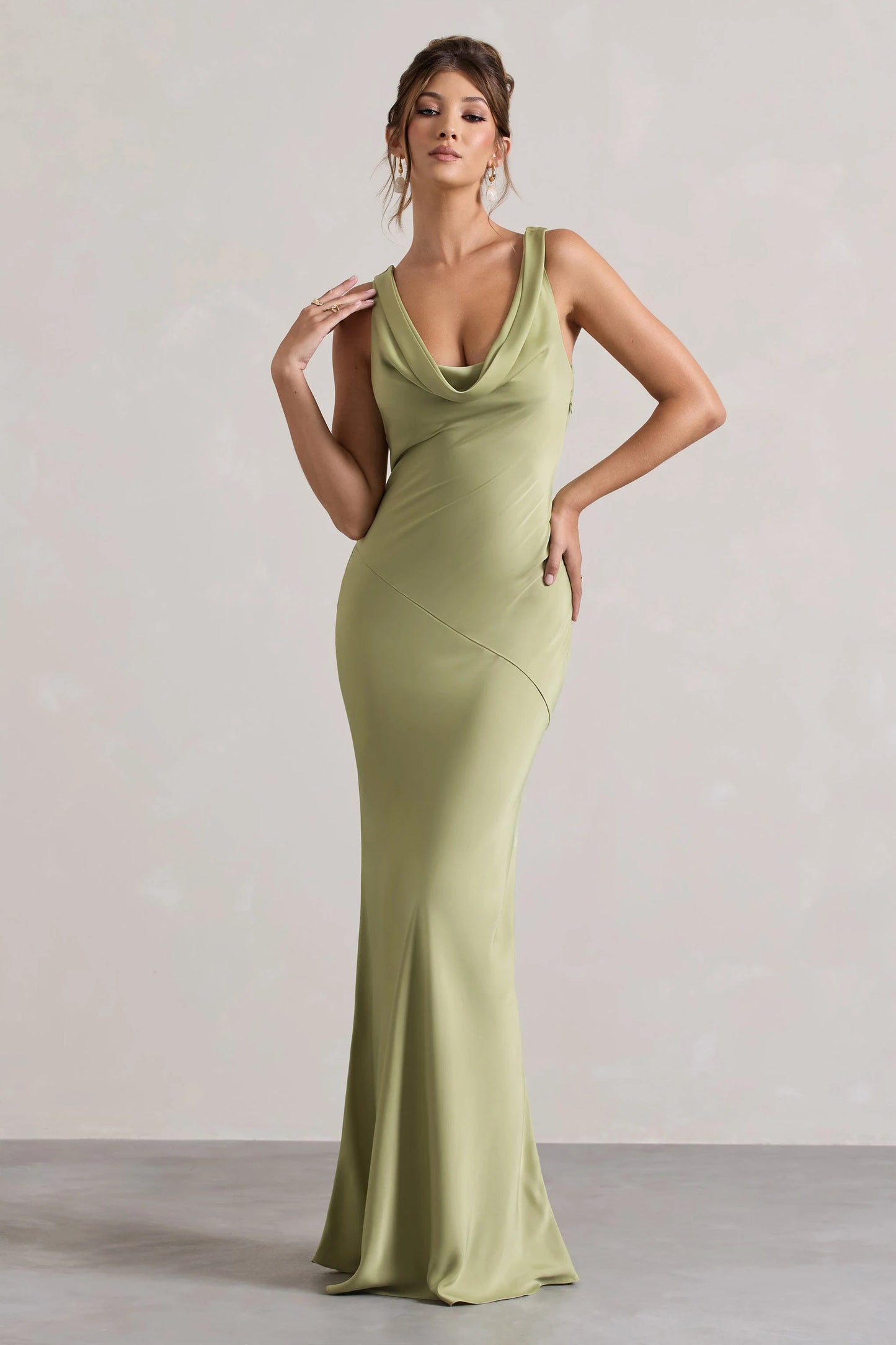 Alesso Light Olive Satin Cowl-Neck Maxi Dress
