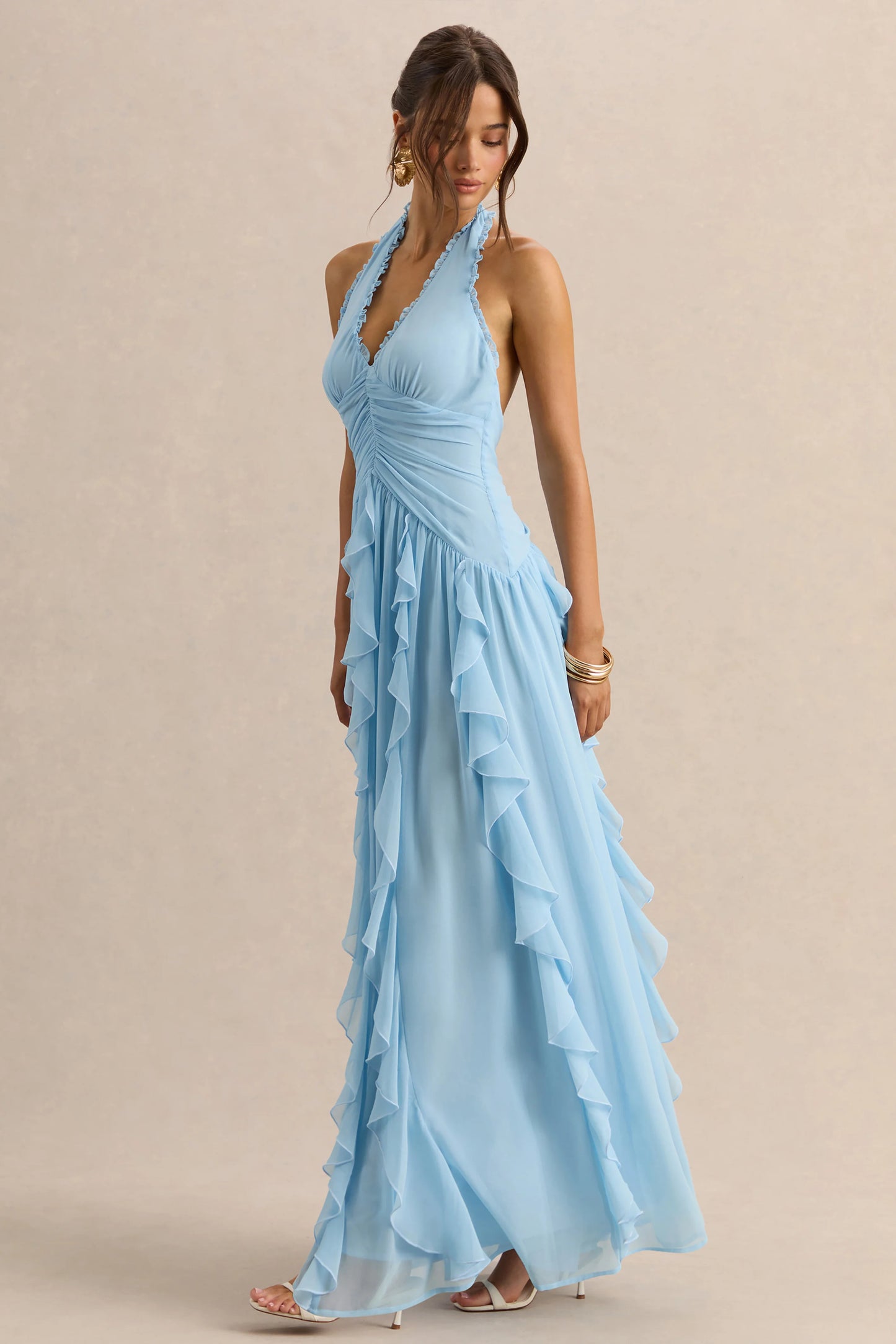Bea Powder Blue Plunge-Neck Ruffled Maxi Dress