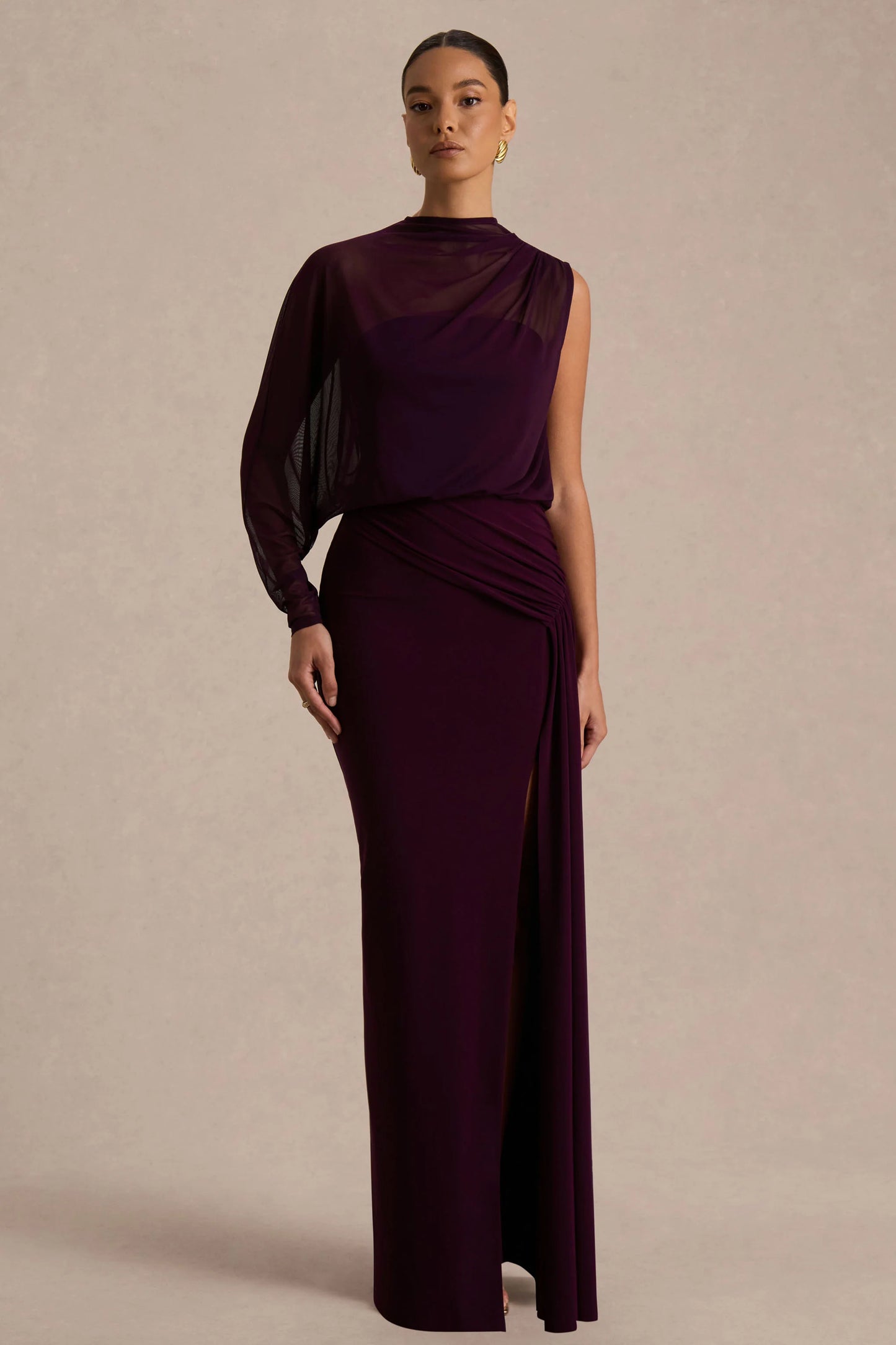 Aurelia Dark Plum High-Neck Wrapped Maxi Dress With One-Cape Sleeve