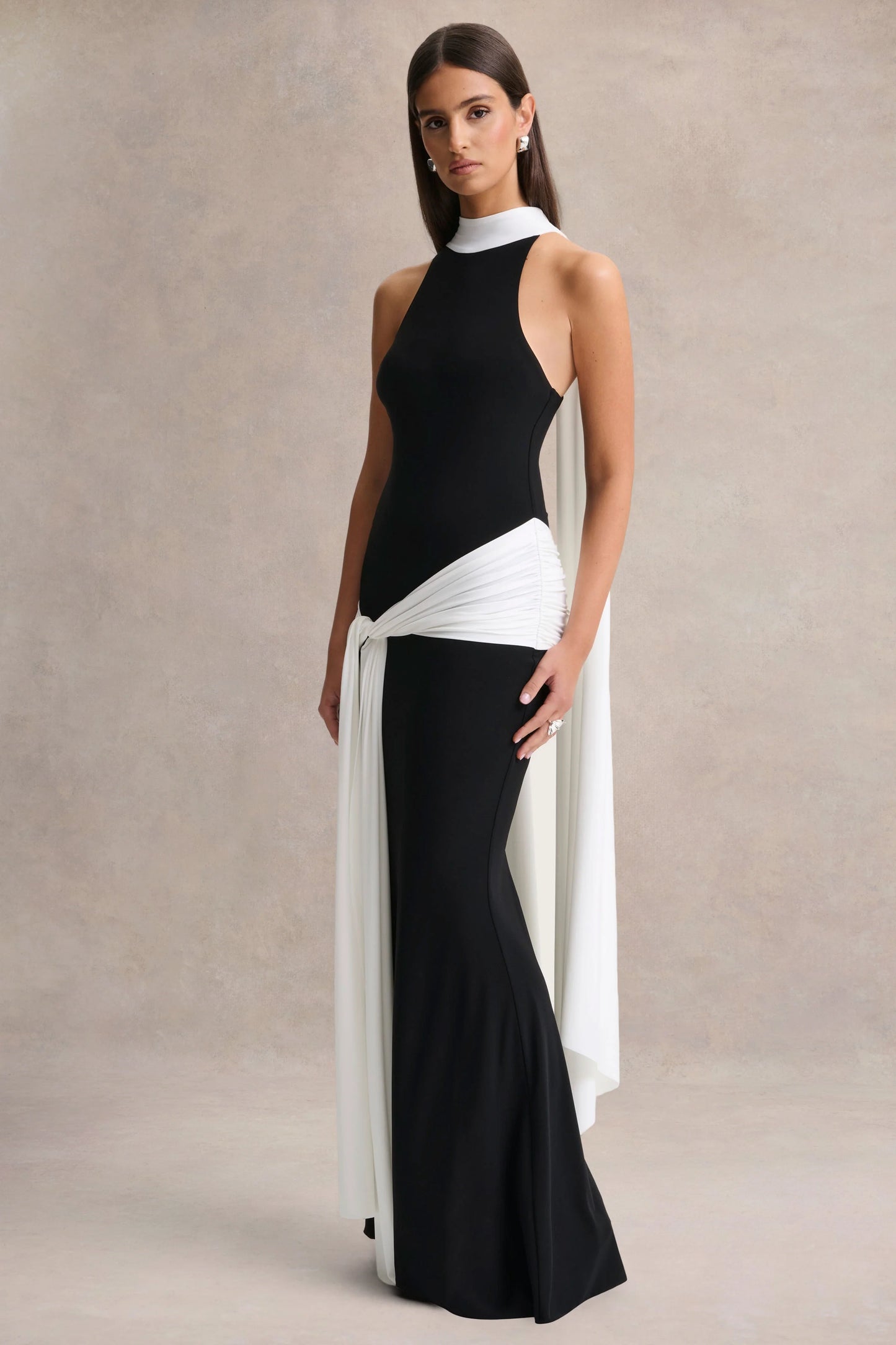 Dorinda Black And White High-Neck Maxi Dress With Drape And Scarf-Detail