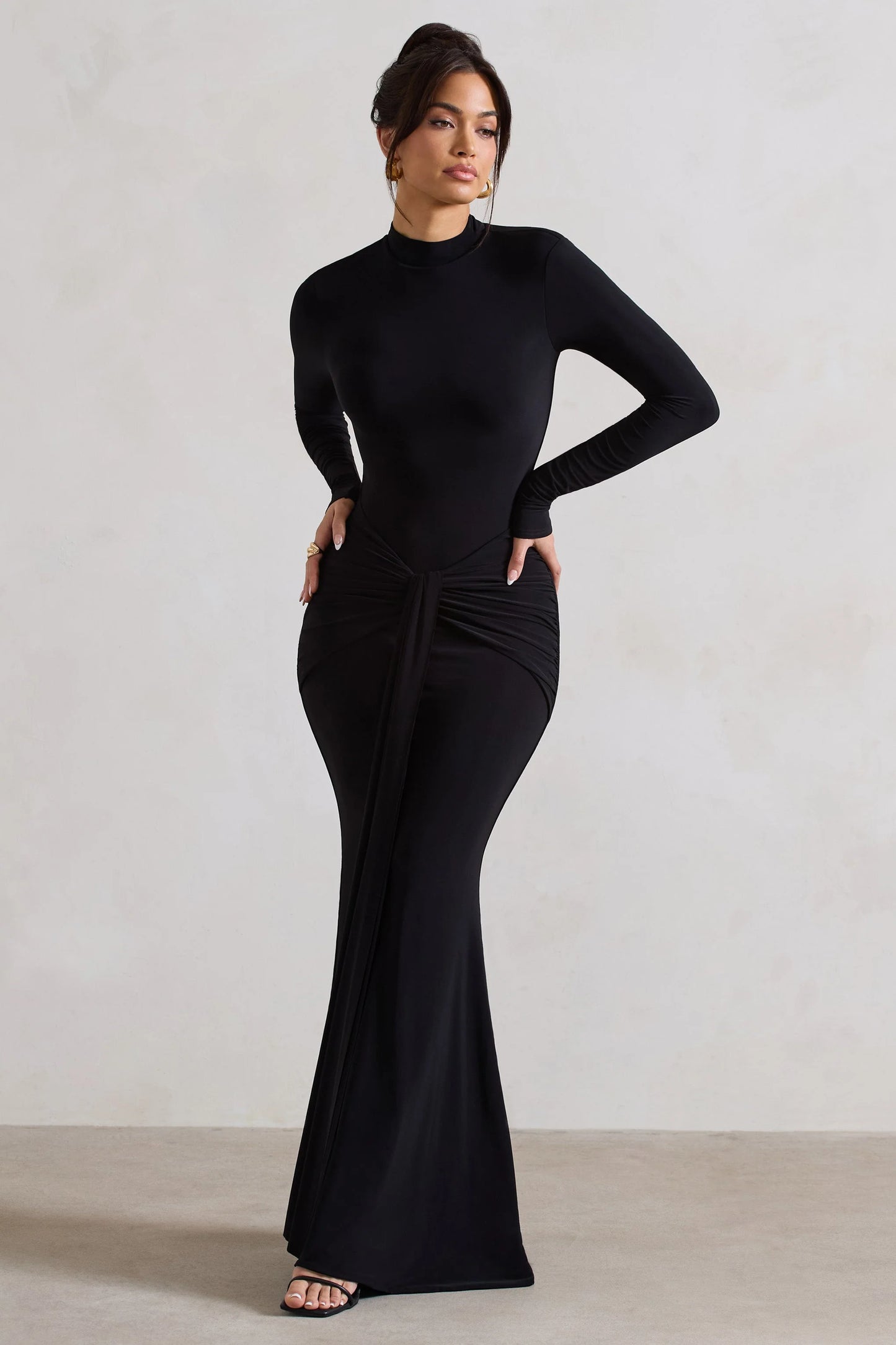 Pietra Black High-Neck Long Sleeve Knot Maxi Dress