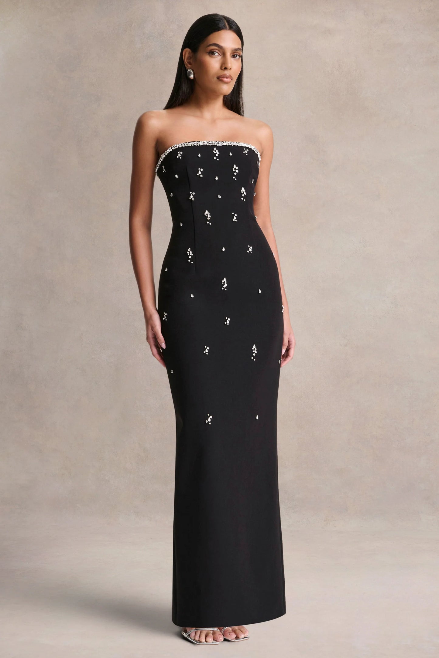 Rominia Black Bandeau Hand-Embellished Maxi Dress
