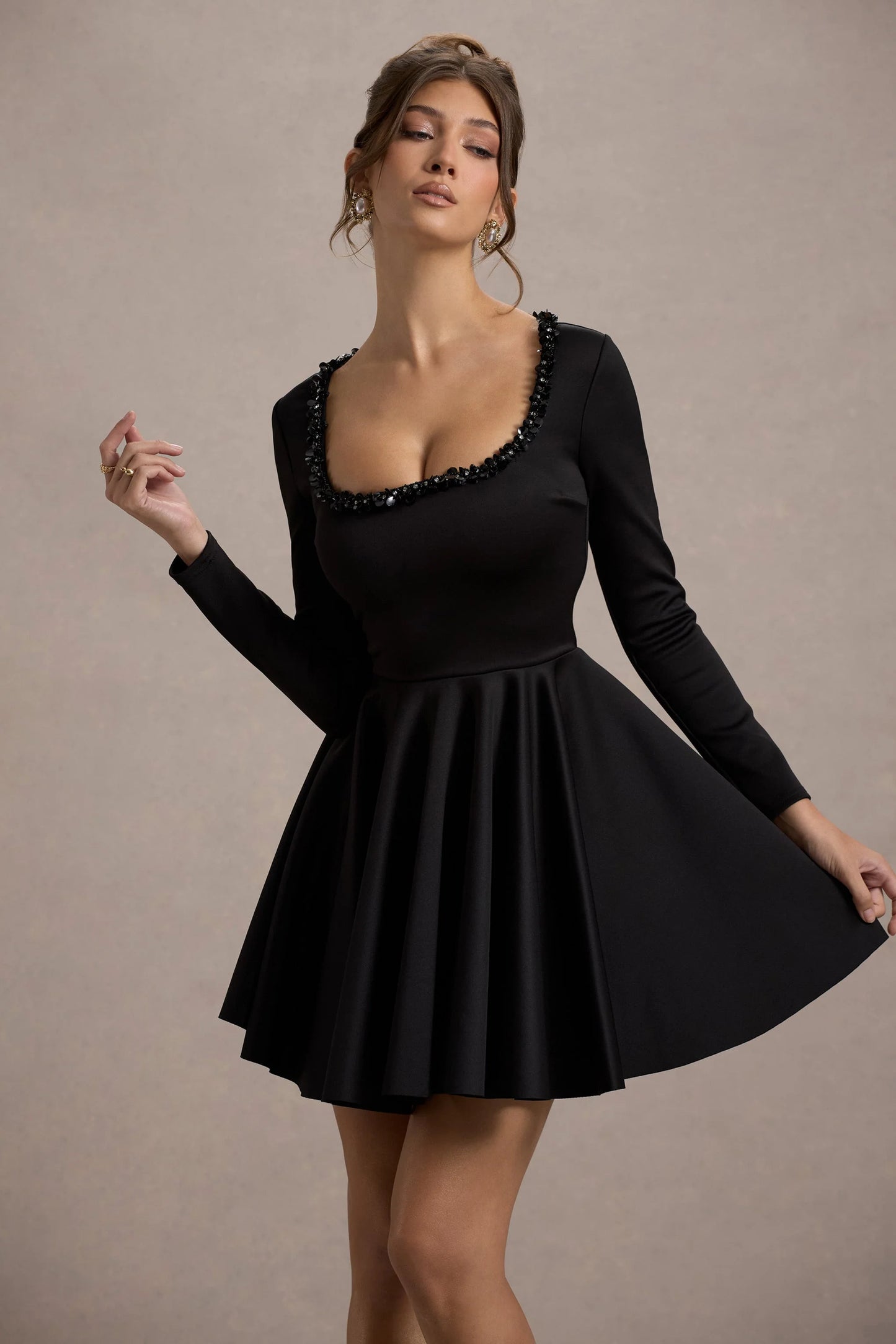Wilder Black Embellished Square-Neck Long-Sleeve Skater Mini Dress