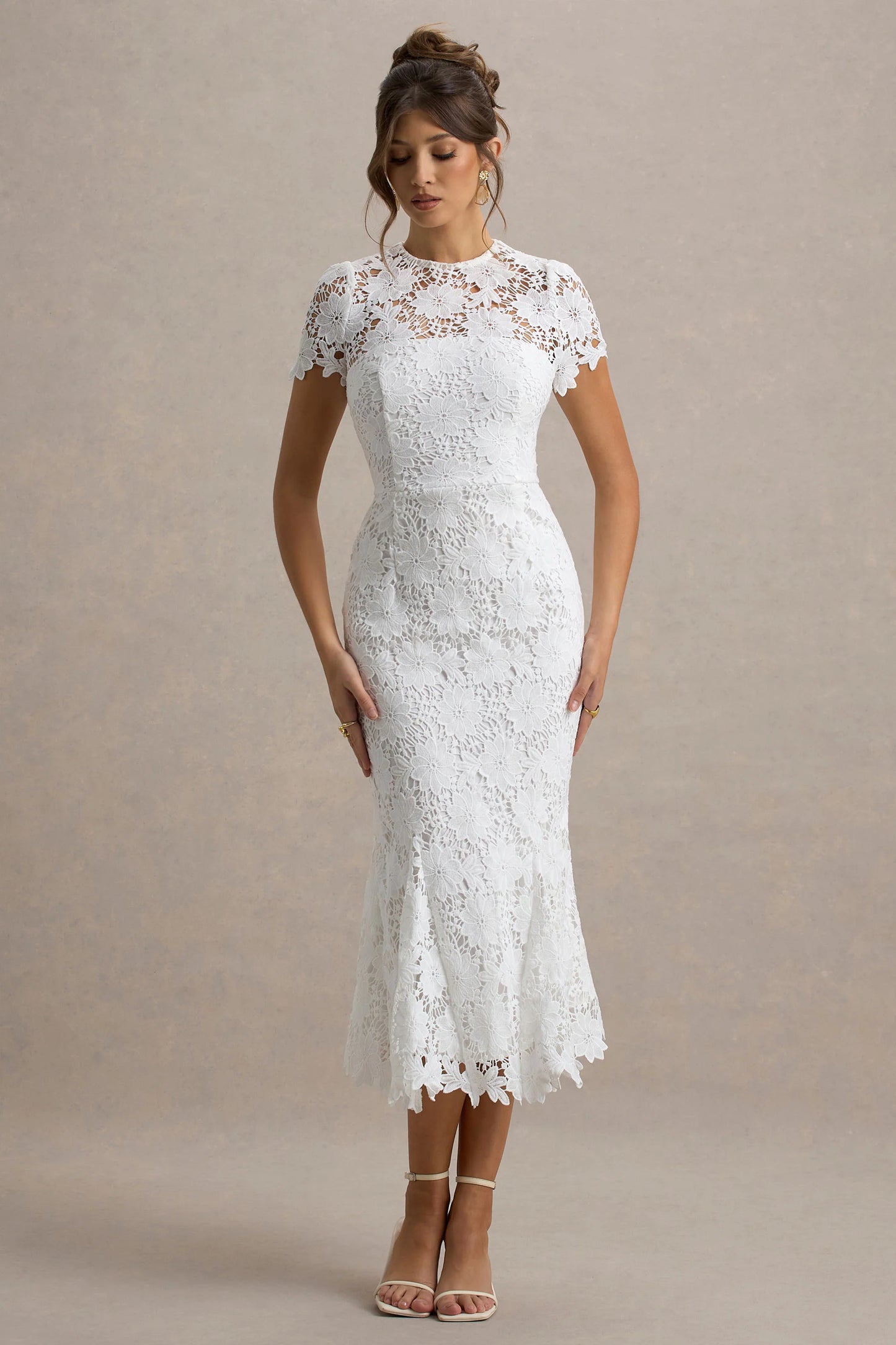 Clarissa White Lace Short-Sleeve Midi Dress